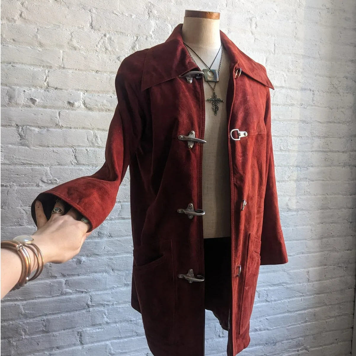 70s Vintage Red Suede Trench Coat Biker Jacket Western Minimalist Leather Duster