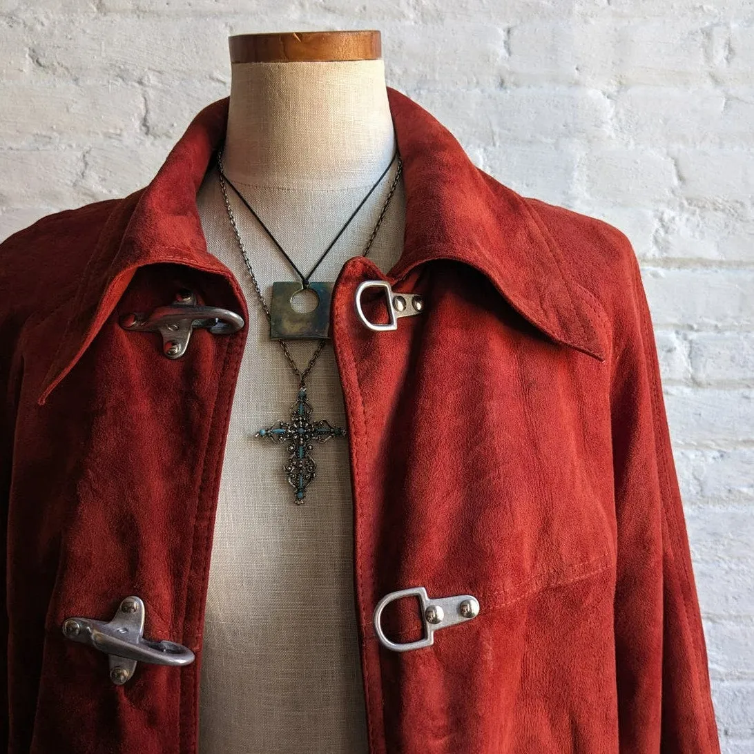 70s Vintage Red Suede Trench Coat Biker Jacket Western Minimalist Leather Duster