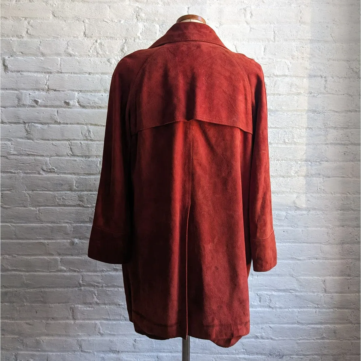 70s Vintage Red Suede Trench Coat Biker Jacket Western Minimalist Leather Duster