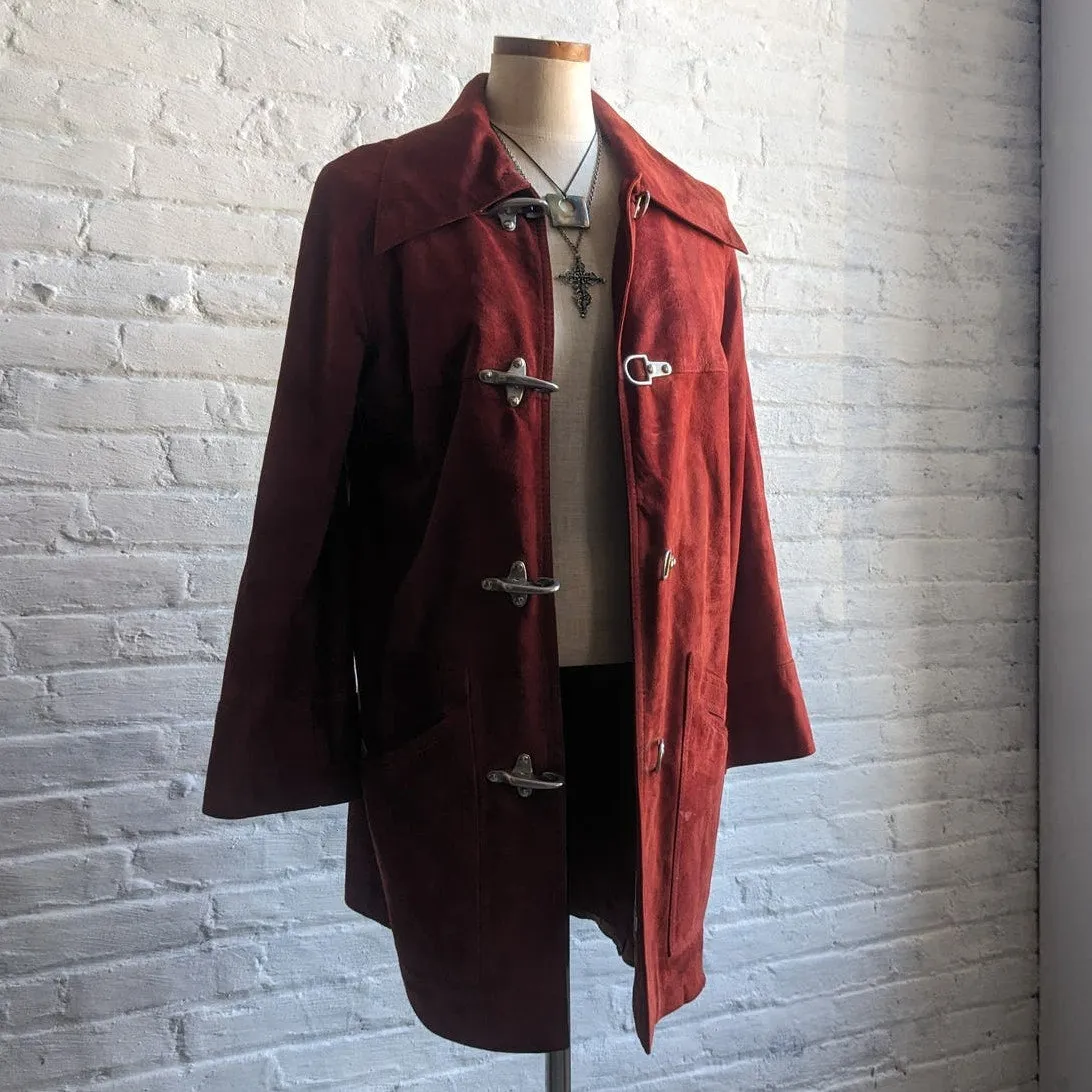 70s Vintage Red Suede Trench Coat Biker Jacket Western Minimalist Leather Duster