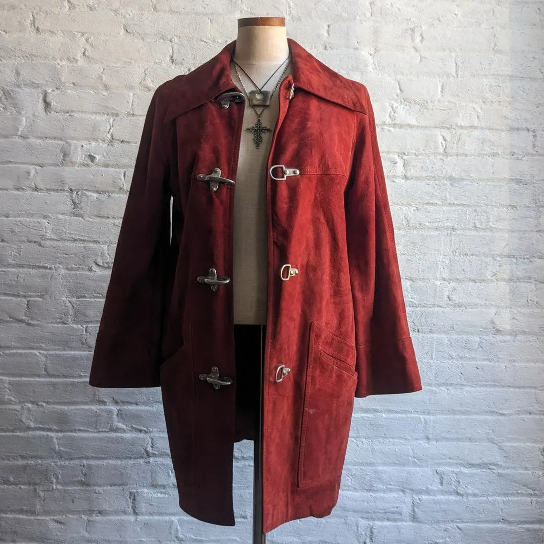 70s Vintage Red Suede Trench Coat Biker Jacket Western Minimalist Leather Duster