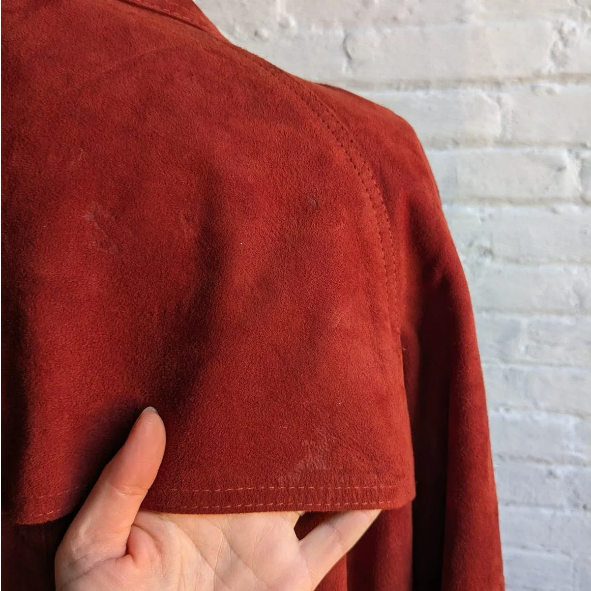 70s Vintage Red Suede Trench Coat Biker Jacket Western Minimalist Leather Duster