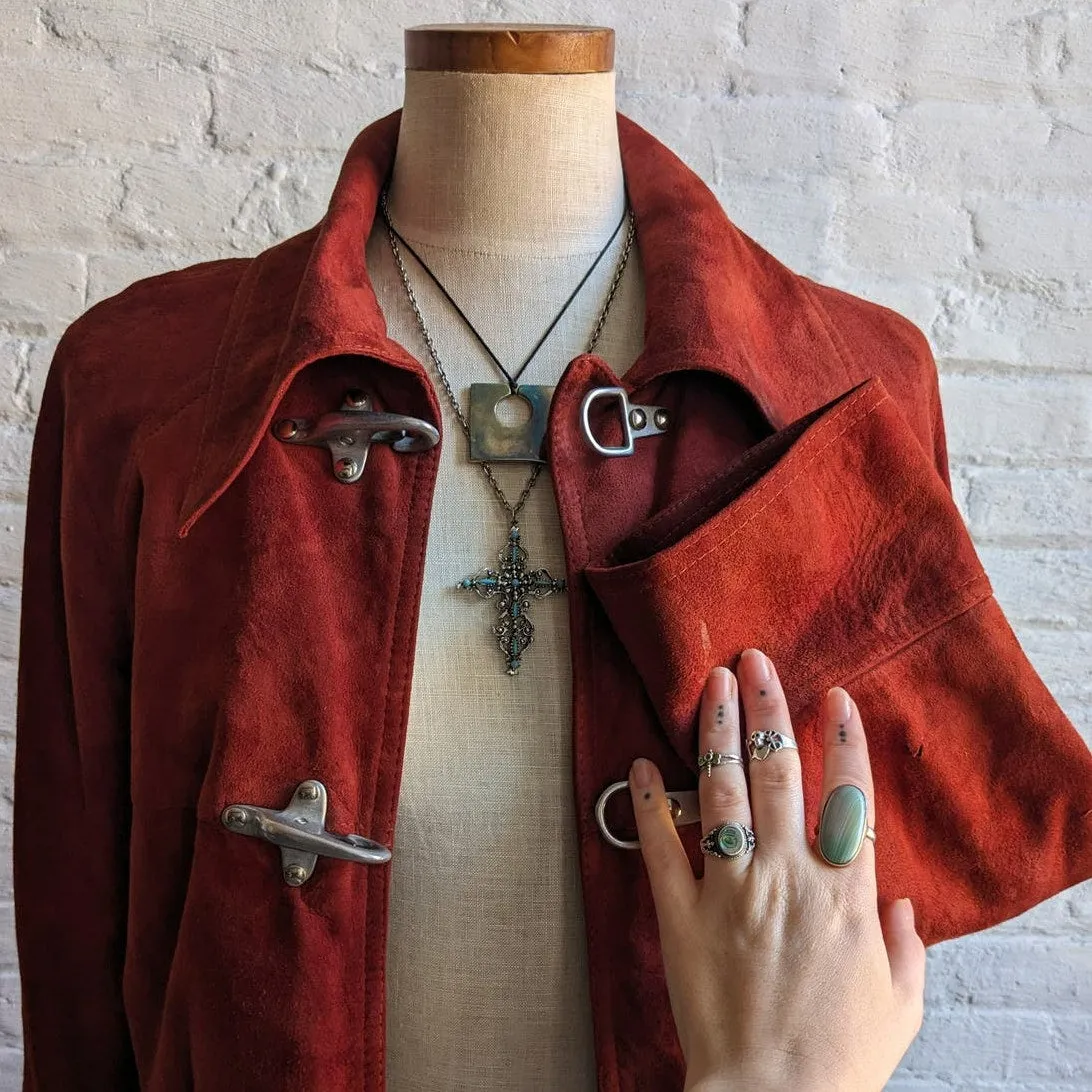 70s Vintage Red Suede Trench Coat Biker Jacket Western Minimalist Leather Duster