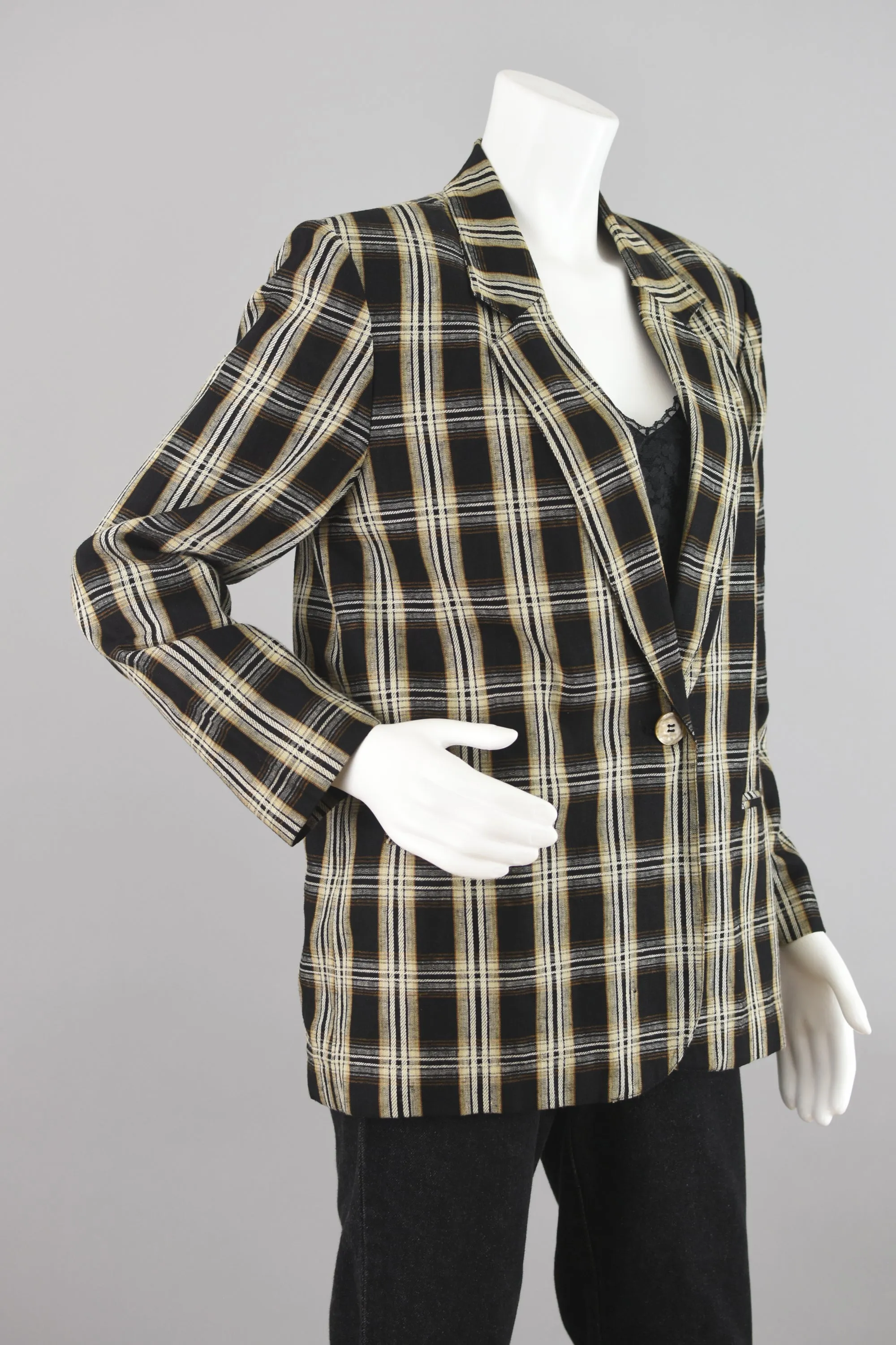 90s Black & Tan Plaid Linen Blazer Petite Size 12