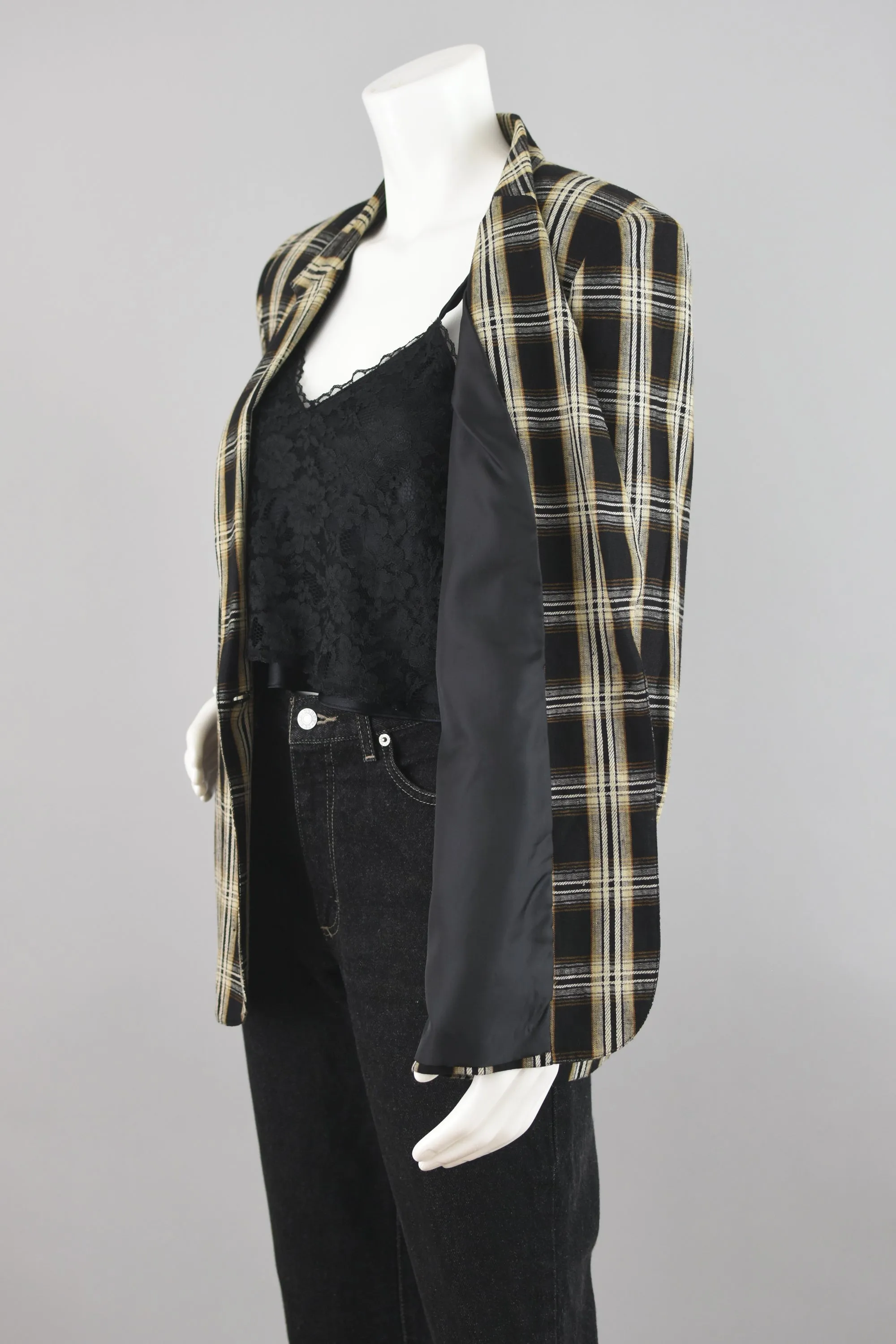 90s Black & Tan Plaid Linen Blazer Petite Size 12