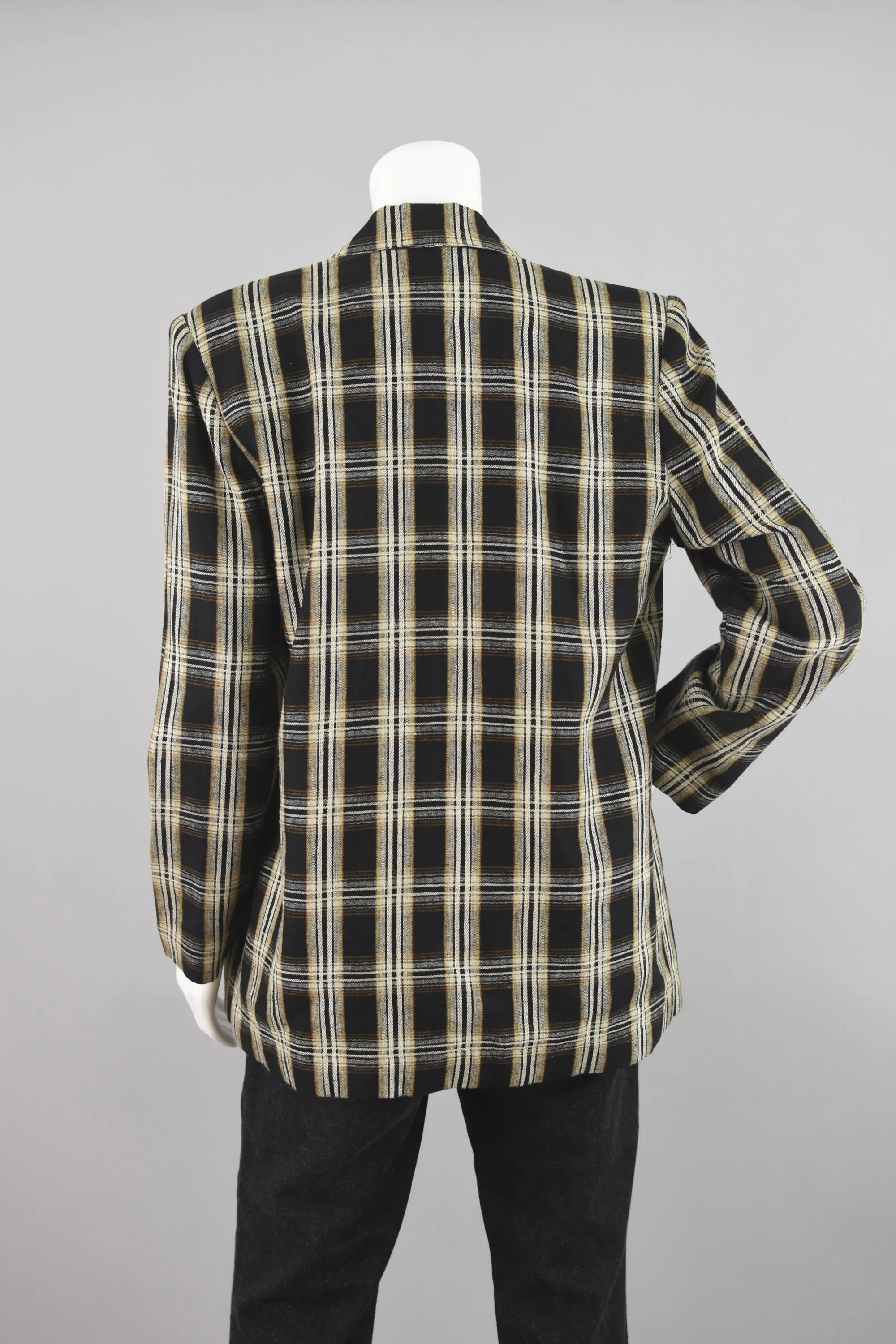 90s Black & Tan Plaid Linen Blazer Petite Size 12