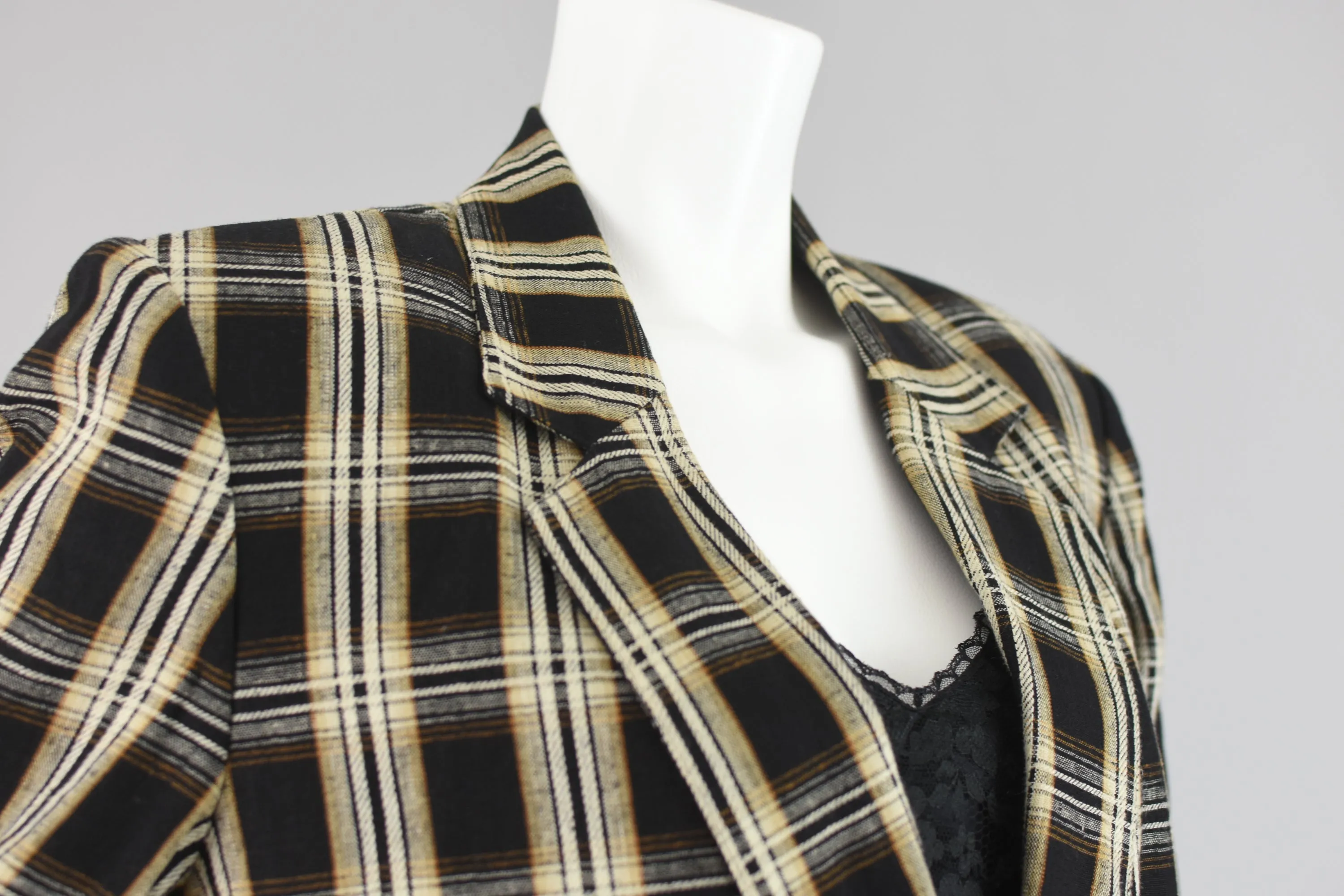 90s Black & Tan Plaid Linen Blazer Petite Size 12