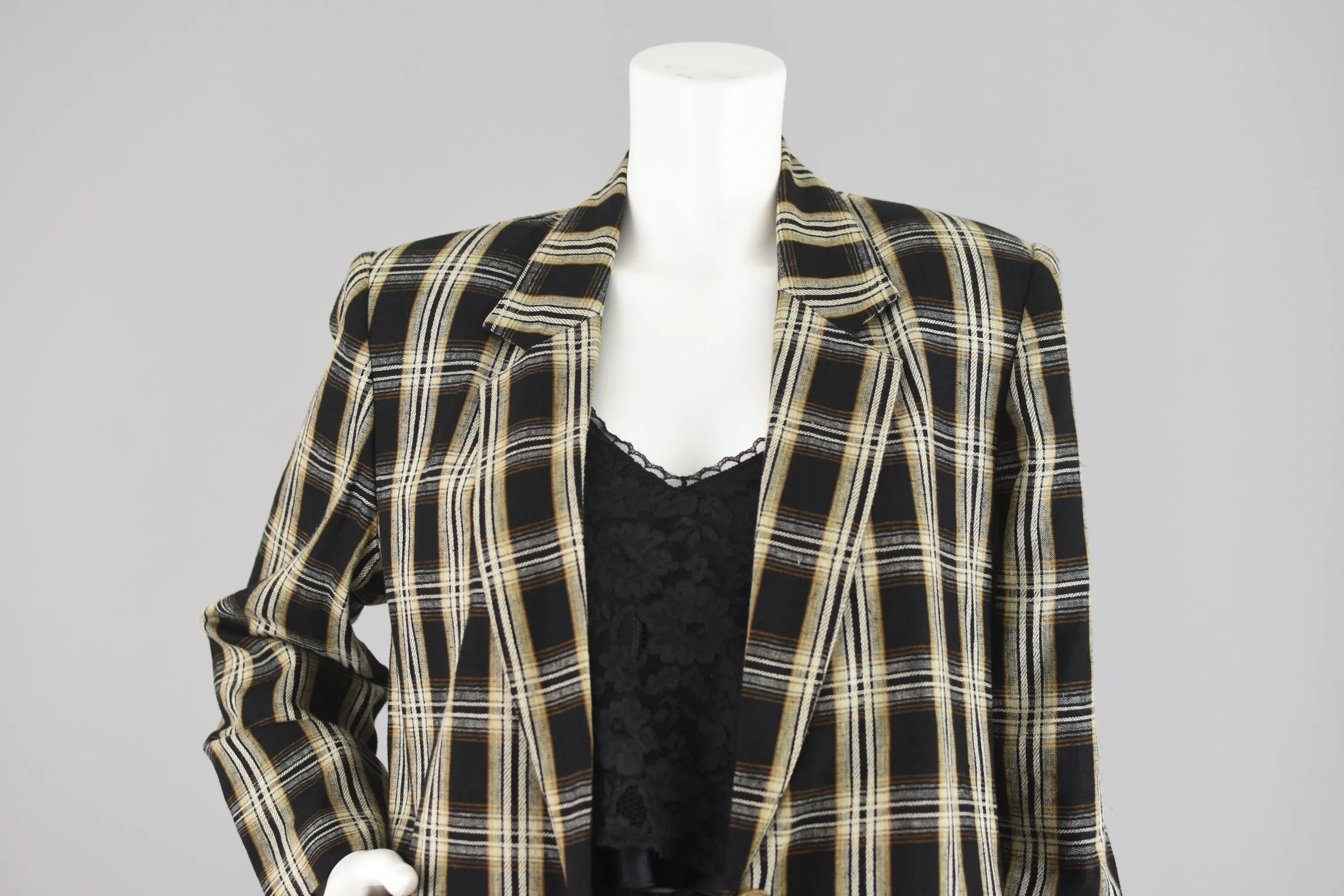 90s Black & Tan Plaid Linen Blazer Petite Size 12