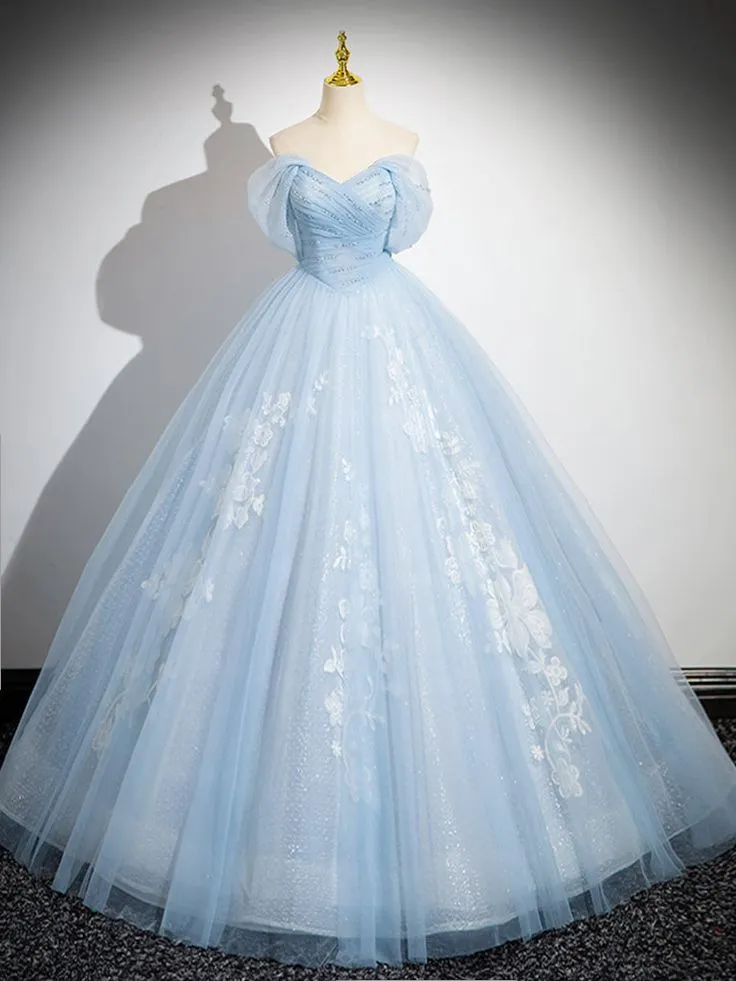 A-Line Off Shoulder Tulle Sequin Blue Long Prom Dress, Blue Sweet 16 Dress    fg6727