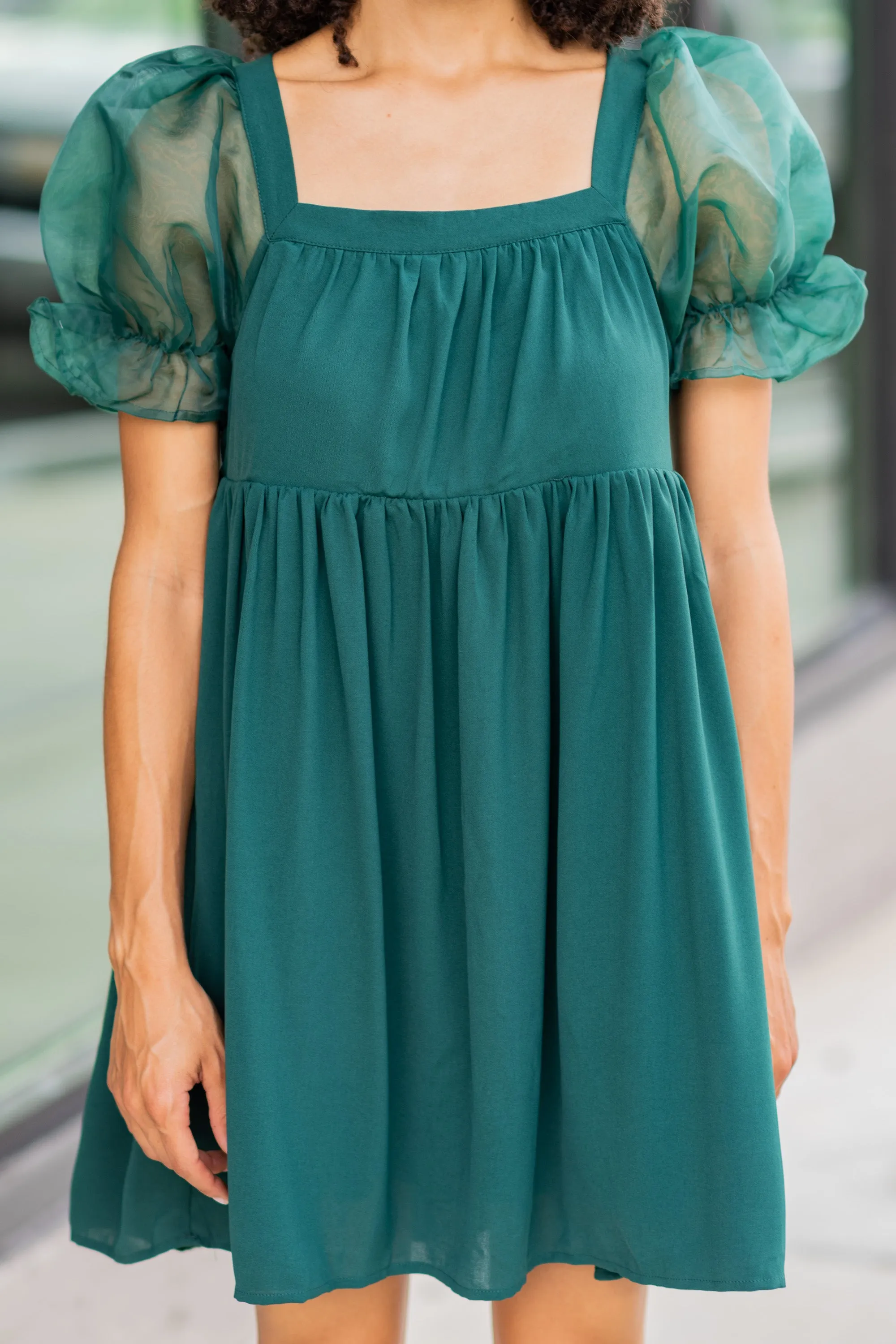 A Step Above Hunter Green Bubble Sleeve Dress