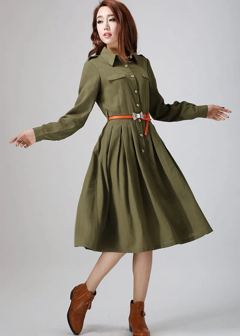 Army Green dress woman linen dress custom made midi dress 0797#