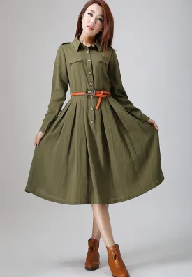 Army Green dress woman linen dress custom made midi dress 0797#