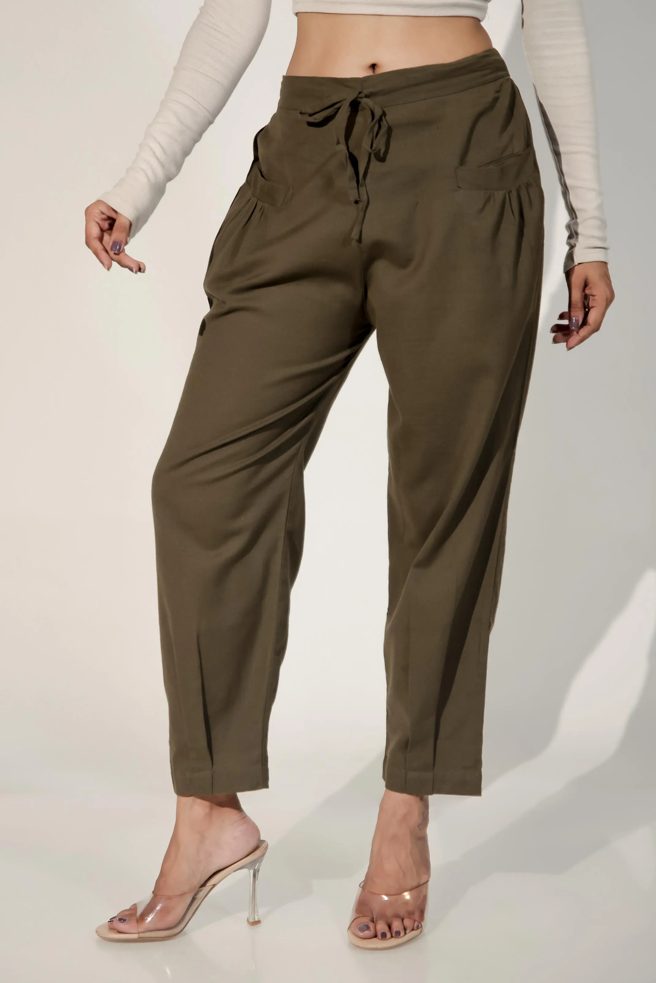 Army Green Women's Pleated-Narrow Trousers