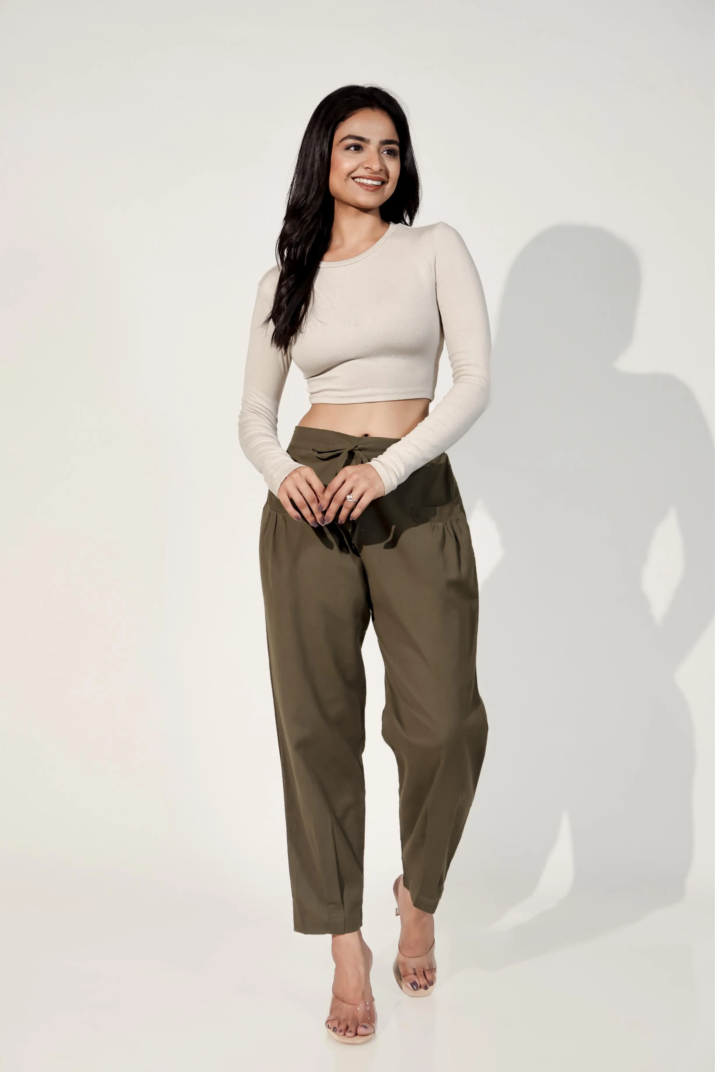 Army Green Women's Pleated-Narrow Trousers