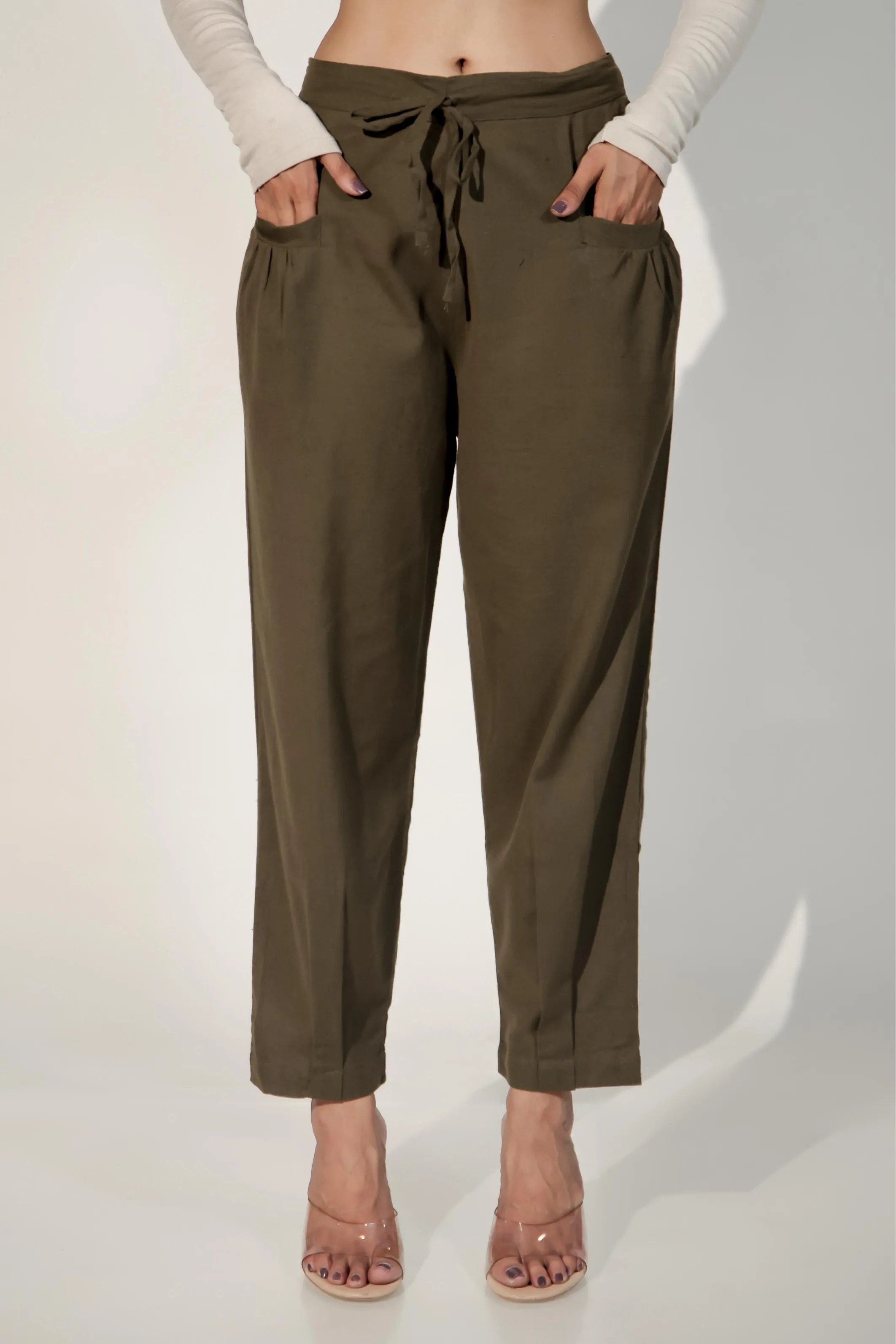 Army Green Women's Pleated-Narrow Trousers