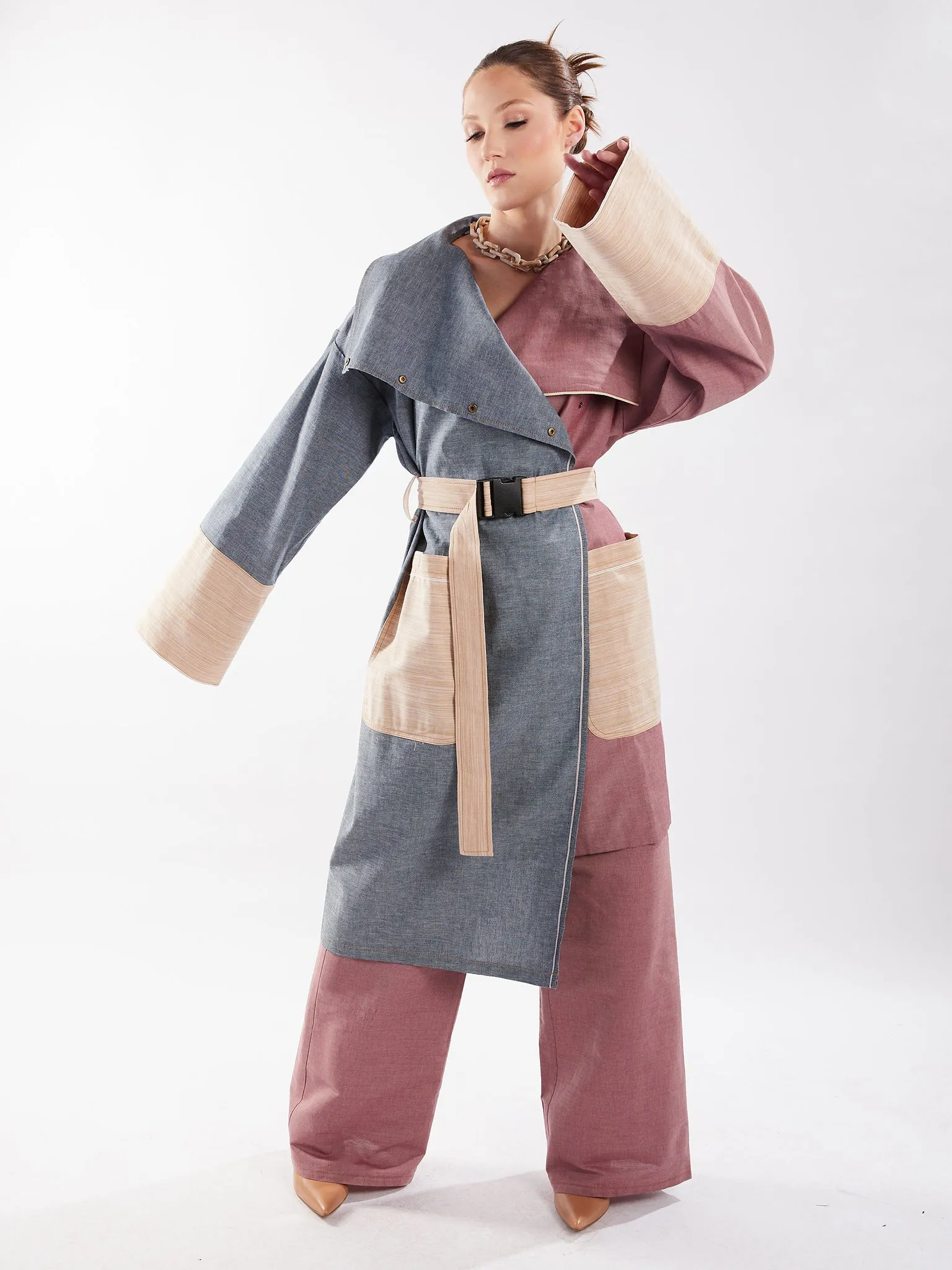 Asymmetric Trench Coat in Blue, Red and Tan Chambray