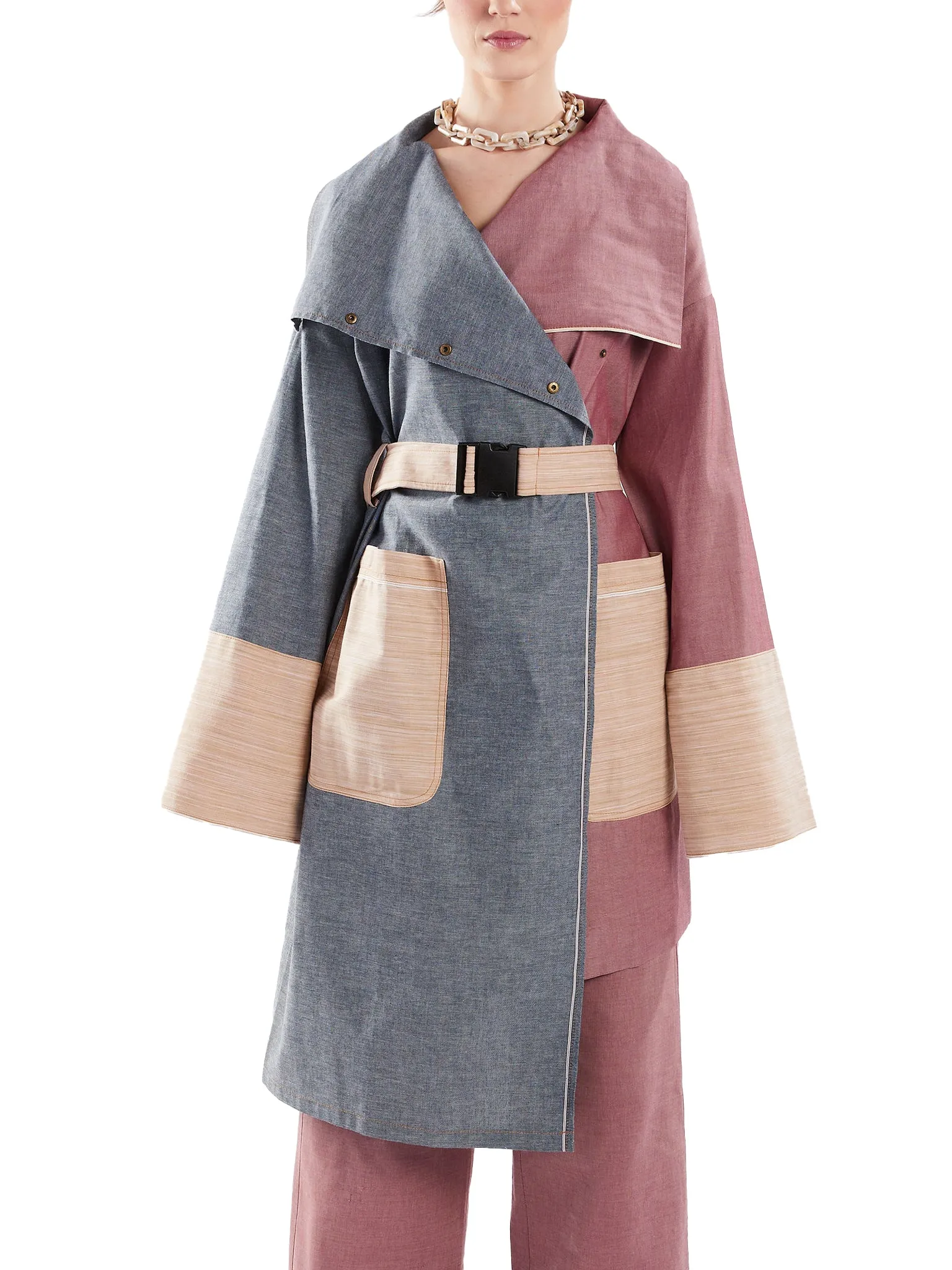 Asymmetric Trench Coat in Blue, Red and Tan Chambray