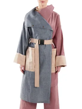 Asymmetric Trench Coat in Blue, Red and Tan Chambray