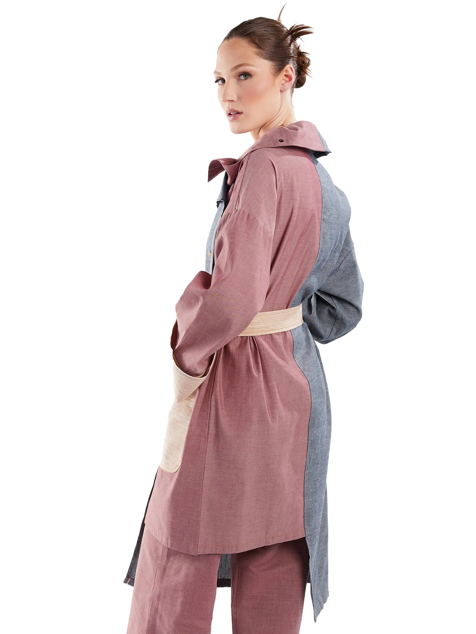 Asymmetric Trench Coat in Blue, Red and Tan Chambray