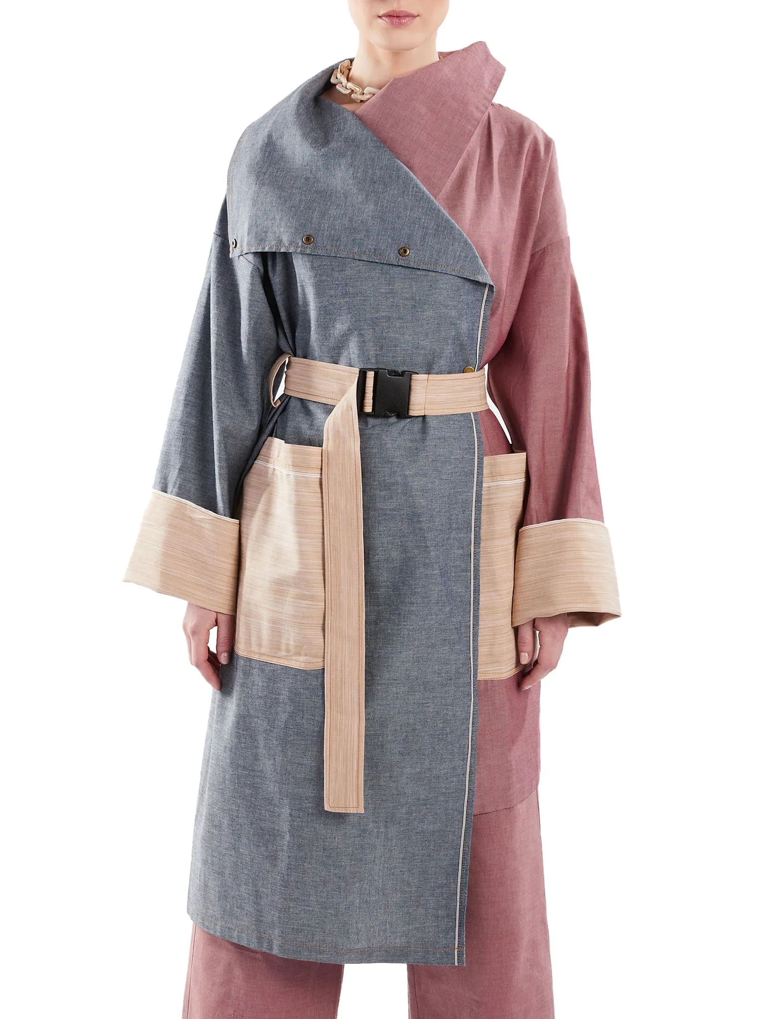 Asymmetric Trench Coat in Blue, Red and Tan Chambray