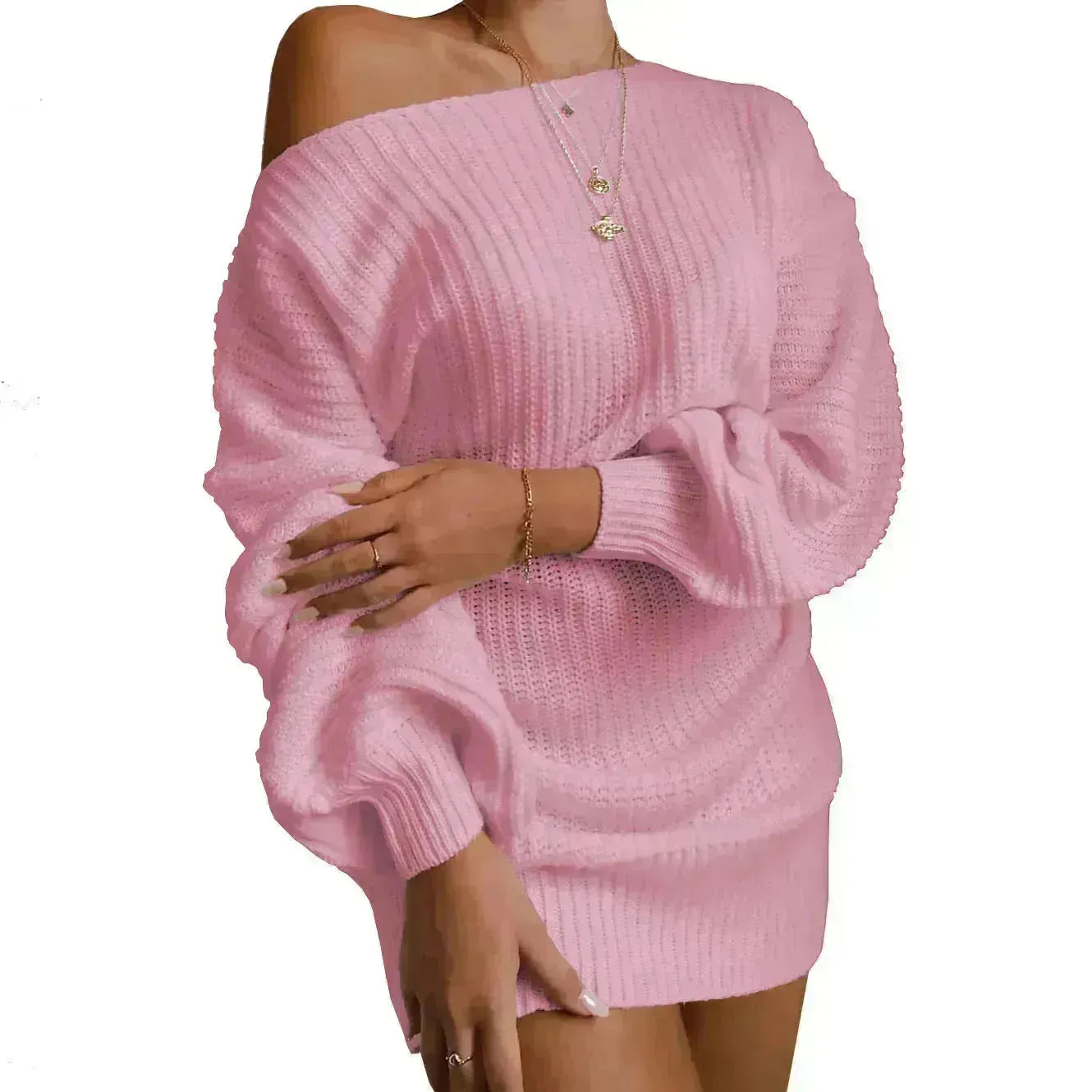 Autumn Winter Slant Shoulder Off Lantern sleeve Mini knitted wool sweater dress