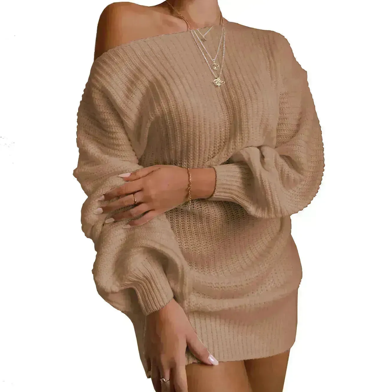 Autumn Winter Slant Shoulder Off Lantern sleeve Mini knitted wool sweater dress