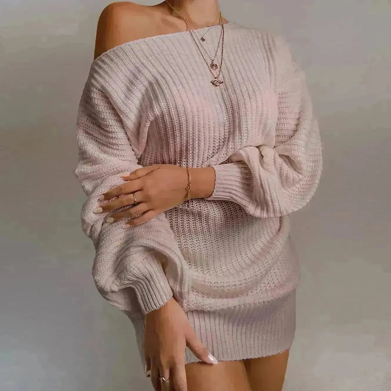 Autumn Winter Slant Shoulder Off Lantern sleeve Mini knitted wool sweater dress