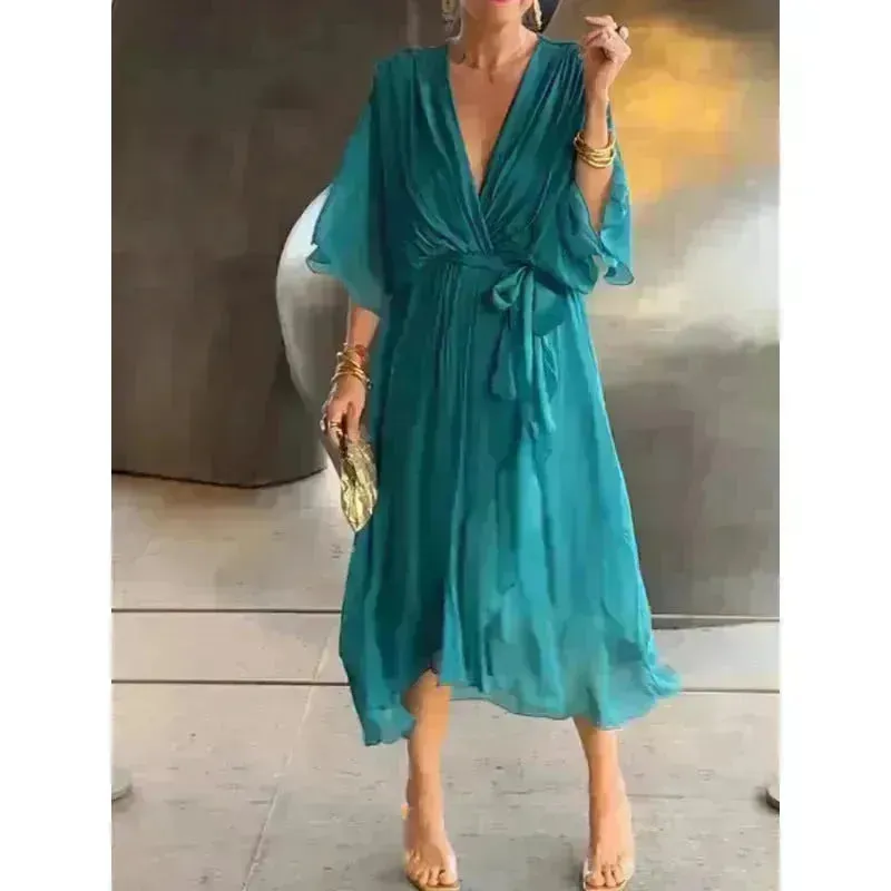 Batwing Sleeve V-neck Dress Summer Pure Color Tied Irregular Wrap Midi Dresses for Women