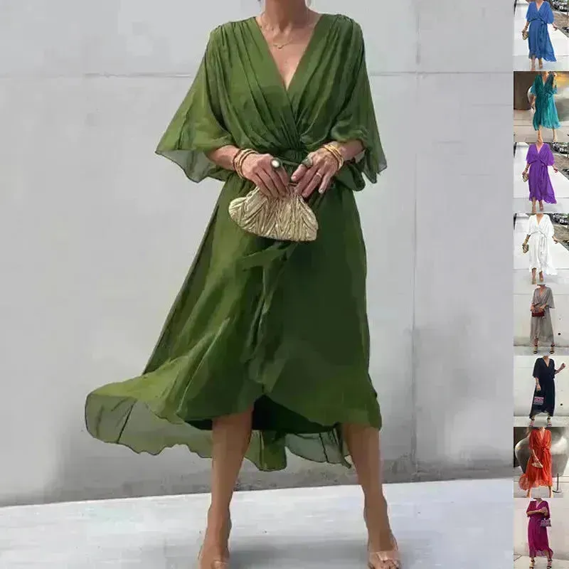 Batwing Sleeve V-neck Dress Summer Pure Color Tied Irregular Wrap Midi Dresses for Women