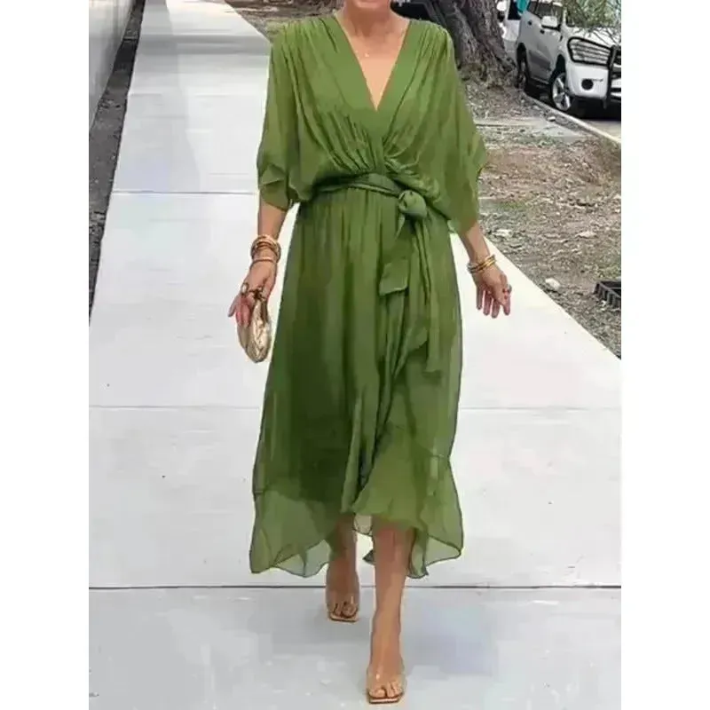 Batwing Sleeve V-neck Dress Summer Pure Color Tied Irregular Wrap Midi Dresses for Women