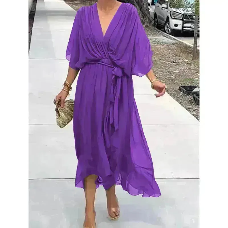 Batwing Sleeve V-neck Dress Summer Pure Color Tied Irregular Wrap Midi Dresses for Women