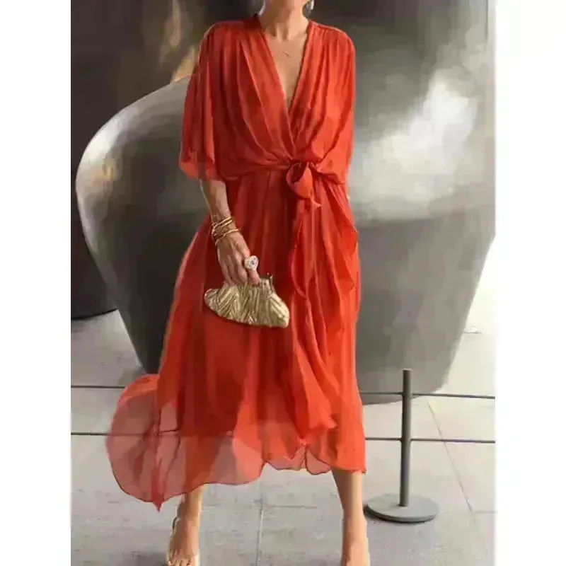 Batwing Sleeve V-neck Dress Summer Pure Color Tied Irregular Wrap Midi Dresses for Women