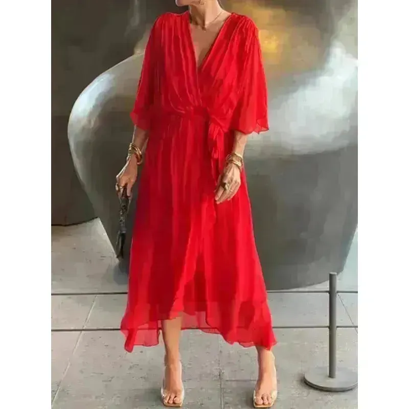 Batwing Sleeve V-neck Dress Summer Pure Color Tied Irregular Wrap Midi Dresses for Women