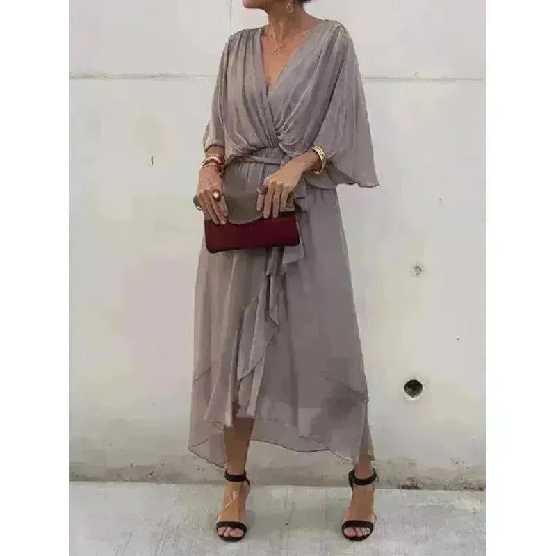 Batwing Sleeve V-neck Dress Summer Pure Color Tied Irregular Wrap Midi Dresses for Women