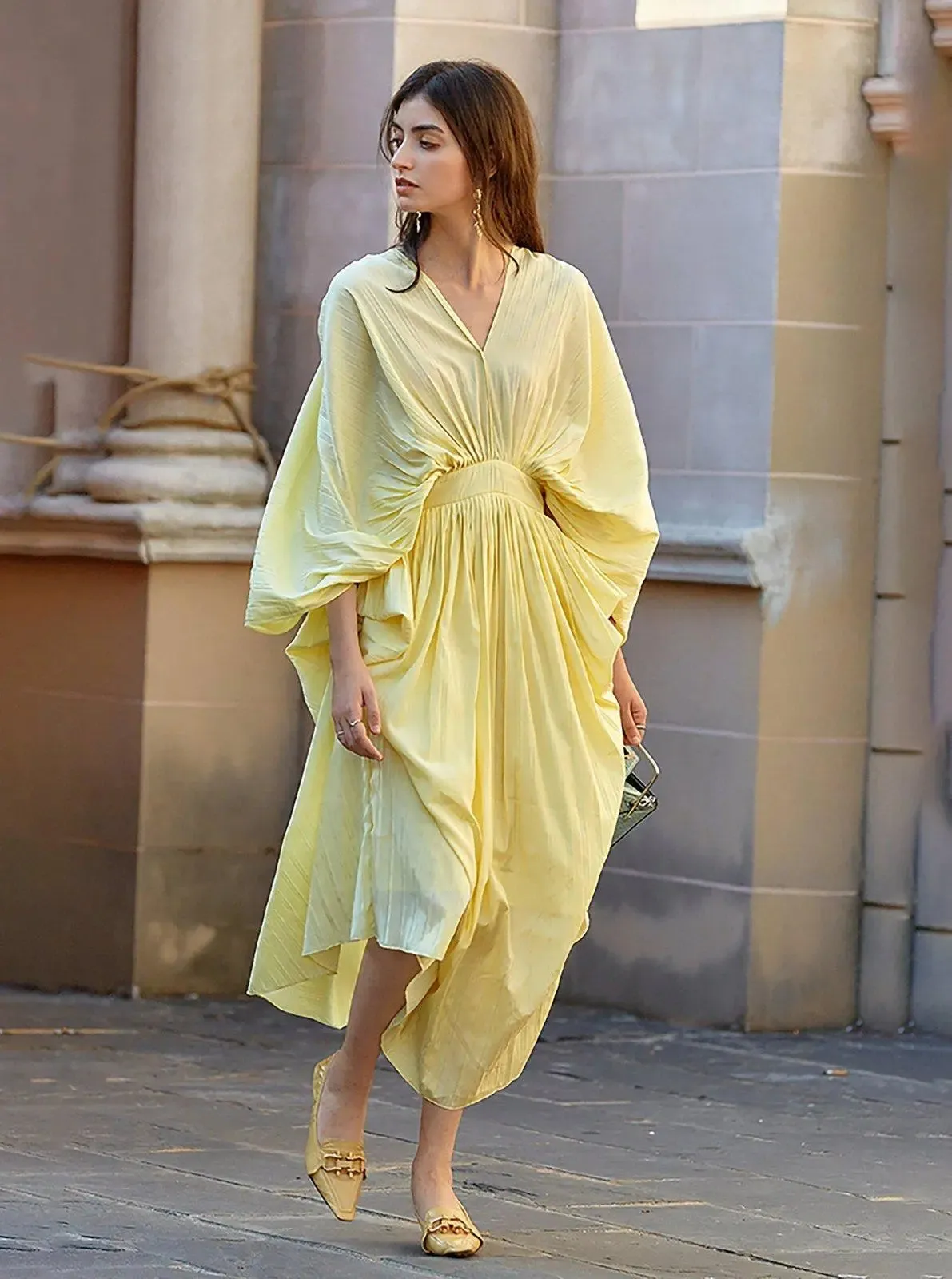 Batwing Sleeve V-Neck Midi Dress