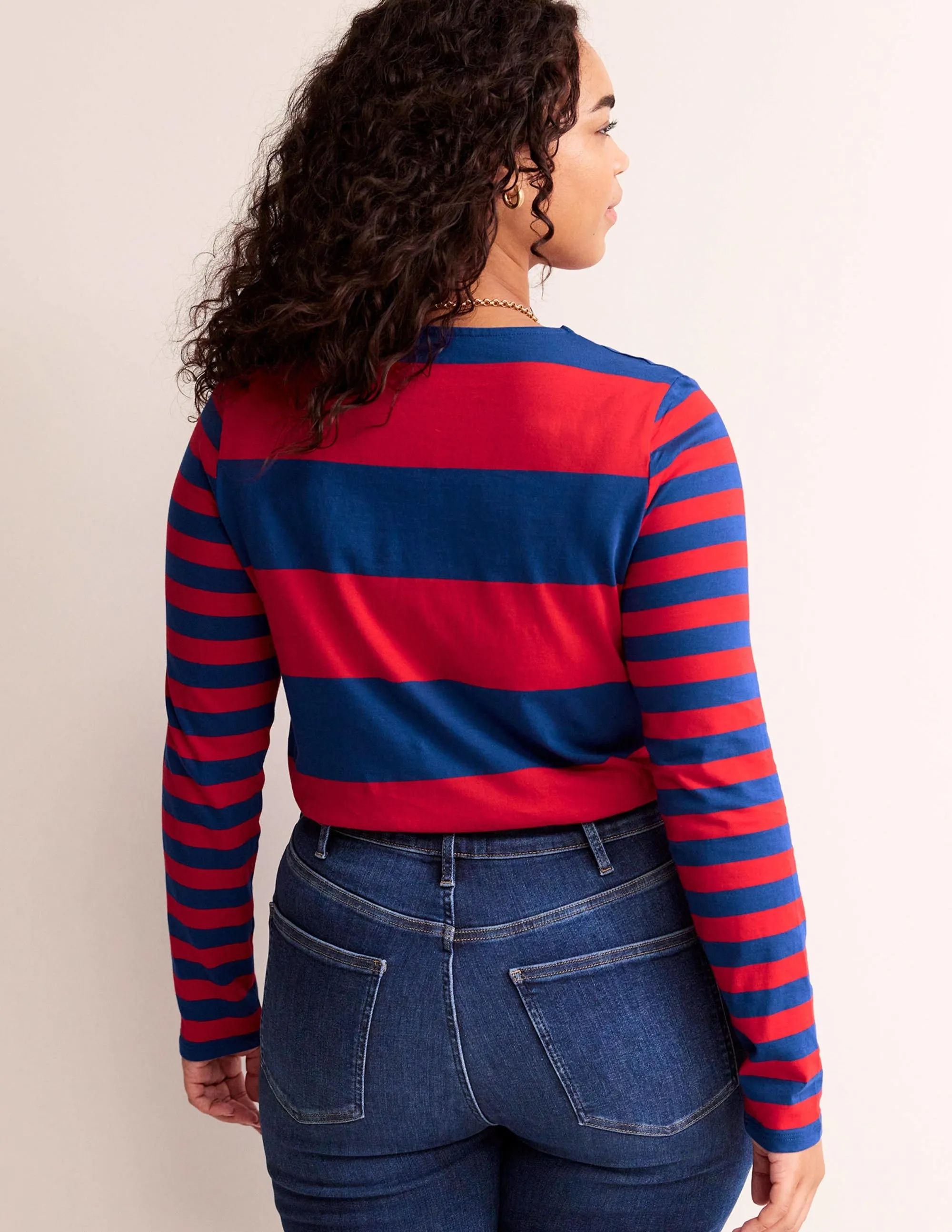 Bea Long Sleeve Breton-Dark Colbalt and Hot Pepper