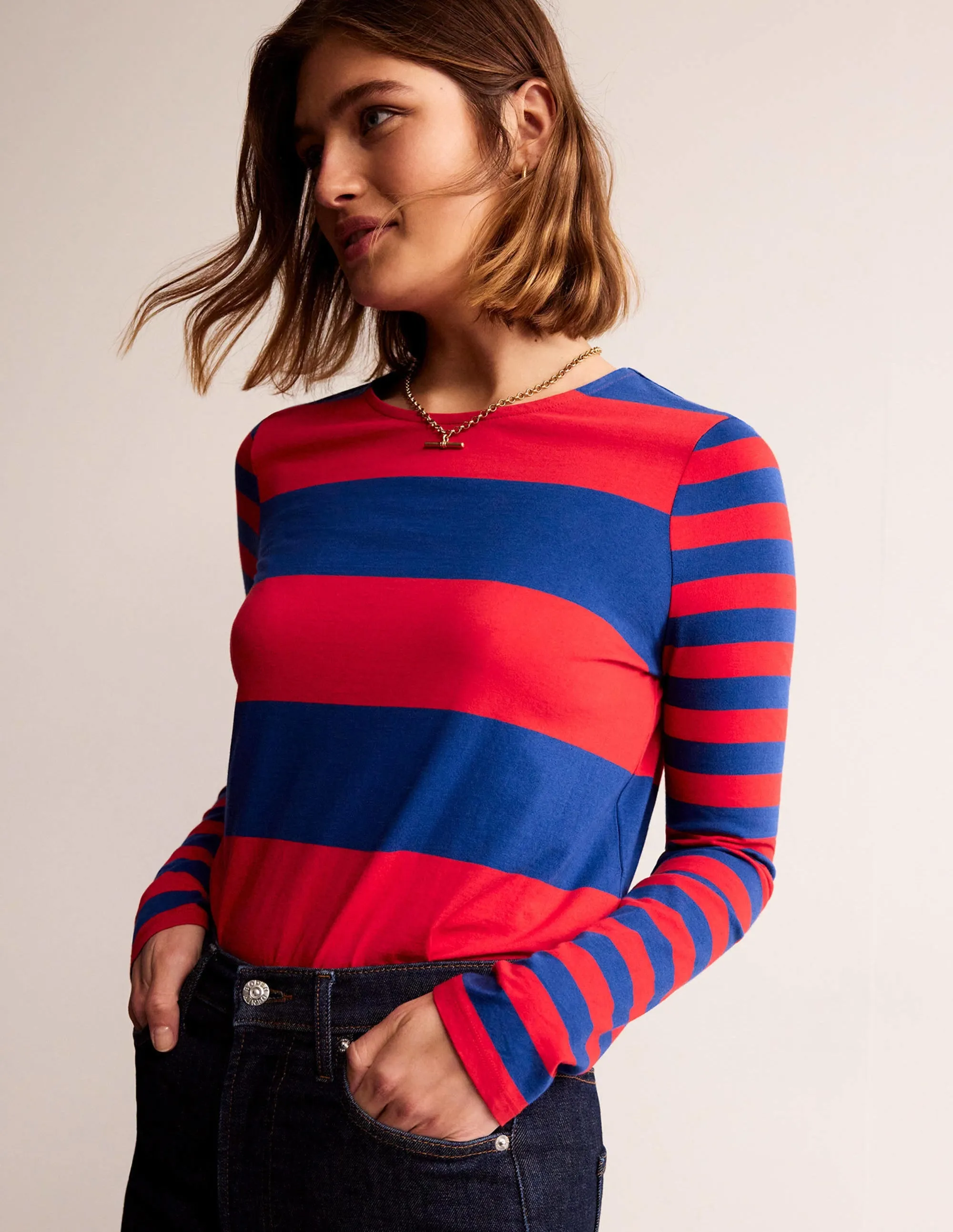 Bea Long Sleeve Breton-Dark Colbalt and Hot Pepper