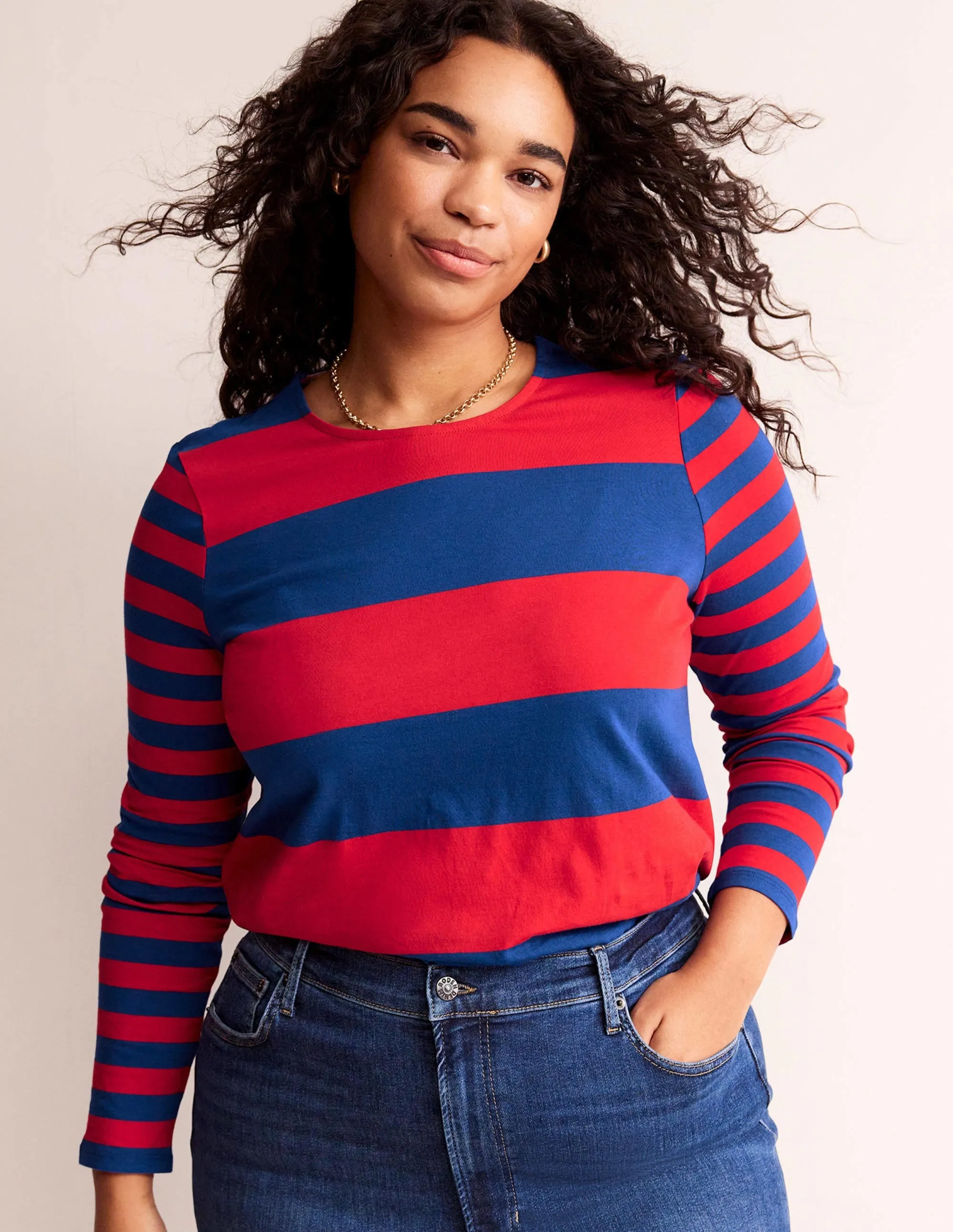 Bea Long Sleeve Breton-Dark Colbalt and Hot Pepper