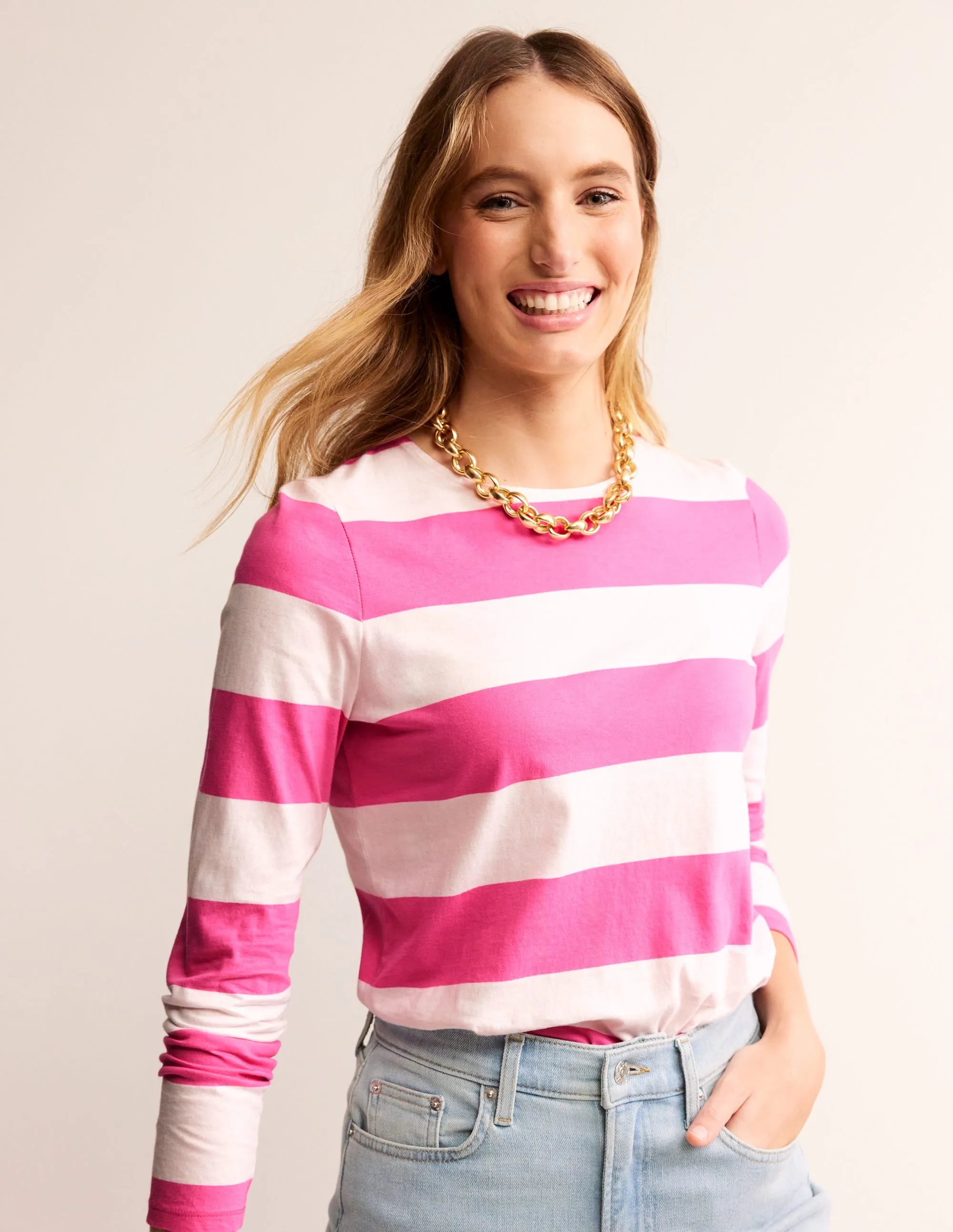 Bea Long Sleeve Breton-Ivory Pink Wide Stripe