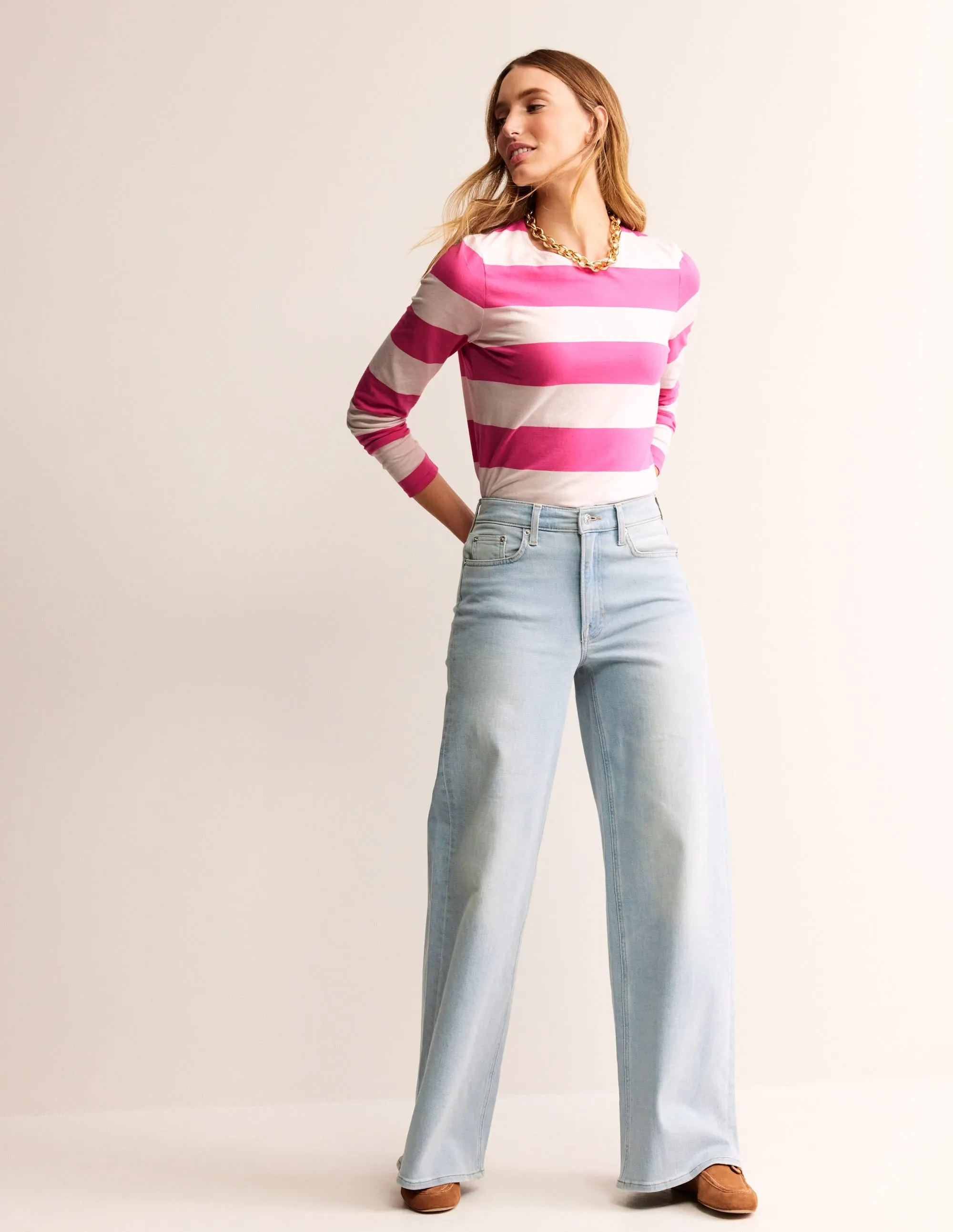 Bea Long Sleeve Breton-Ivory Pink Wide Stripe