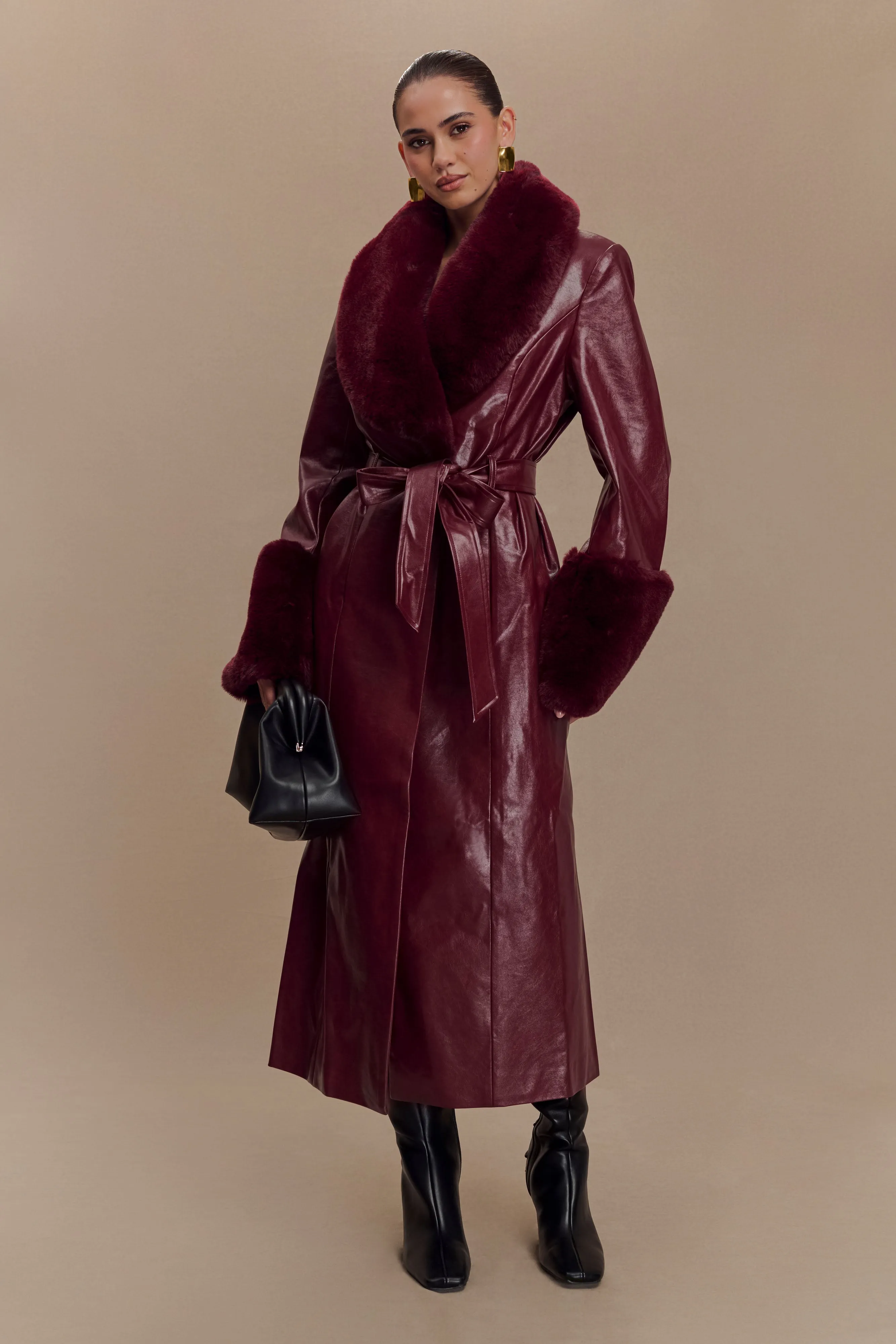 Bec Faux Leather Trench Coat With Faux Fur - Cherry Red