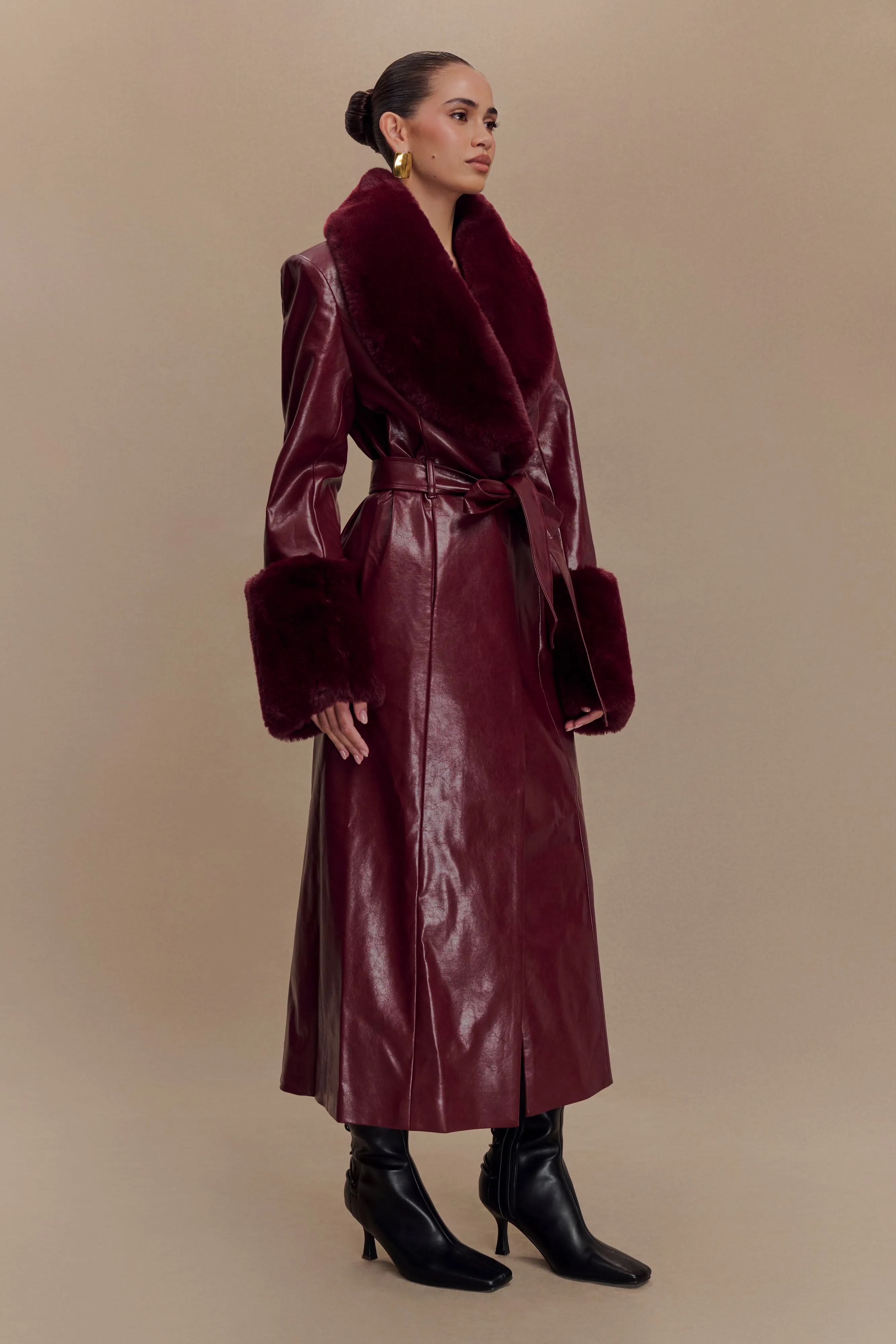 Bec Faux Leather Trench Coat With Faux Fur - Cherry Red