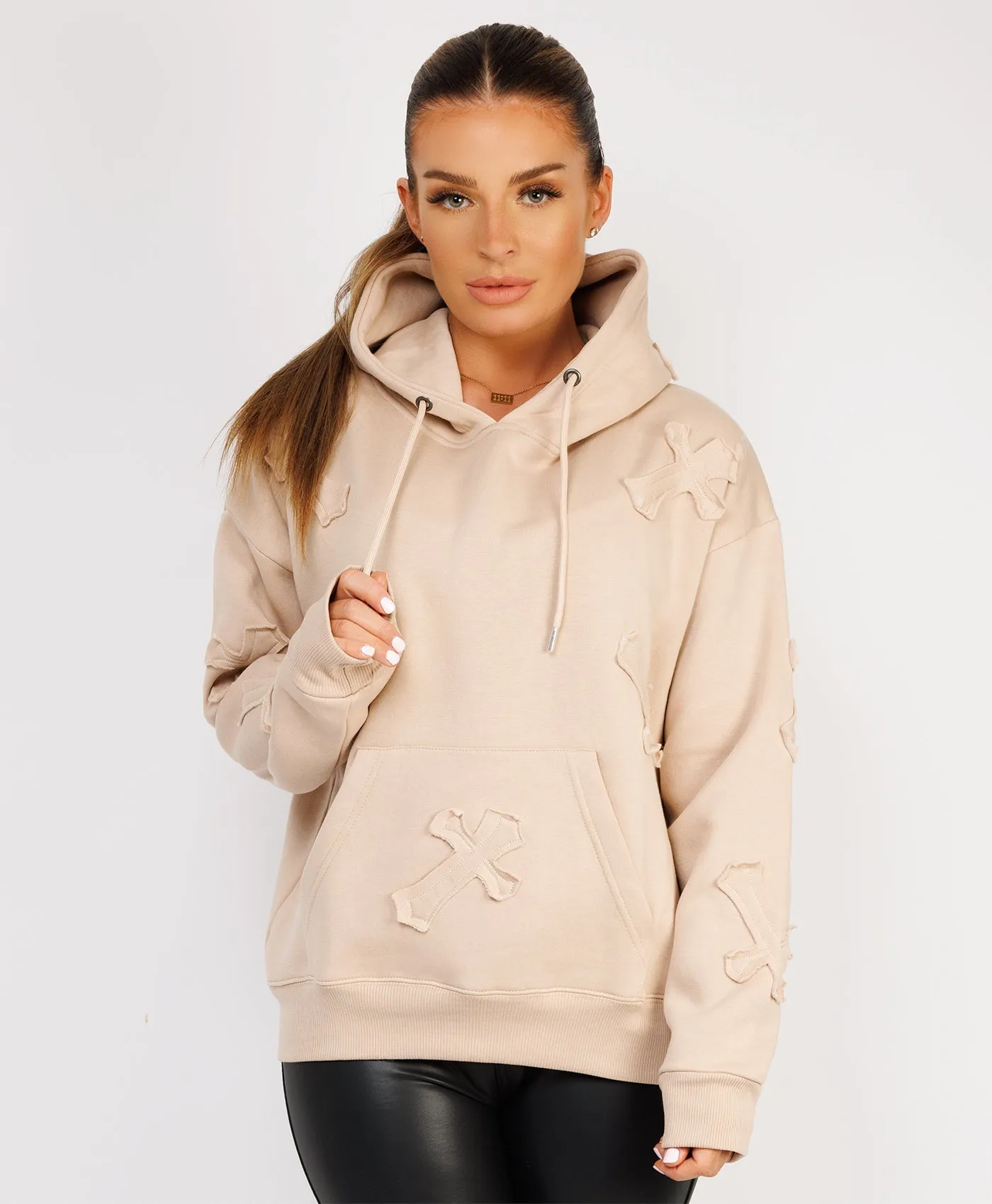 Beige Crucifix Cross Patch Embroidered Hoodie