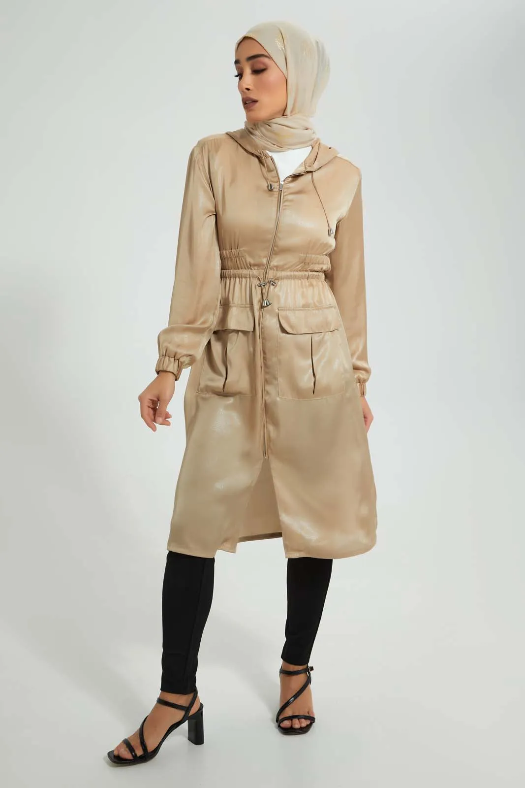 Beige Hooded Shimmery Long Line Jacket