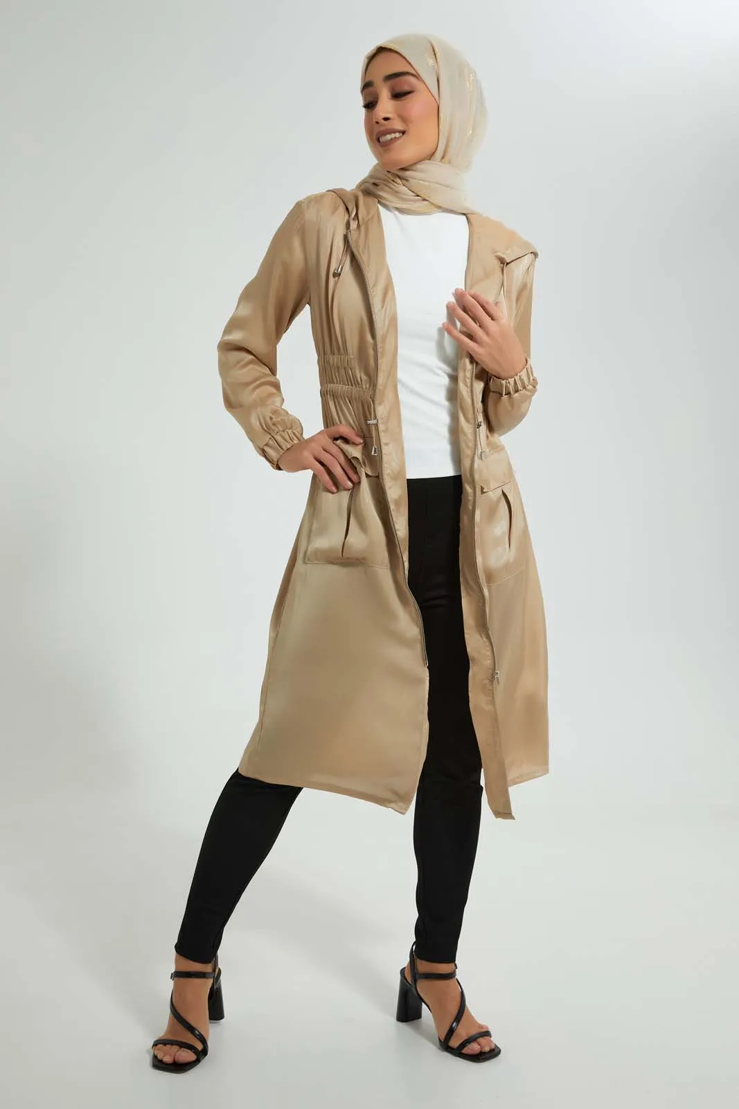 Beige Hooded Shimmery Long Line Jacket