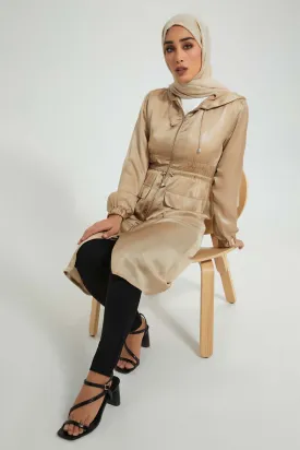 Beige Hooded Shimmery Long Line Jacket