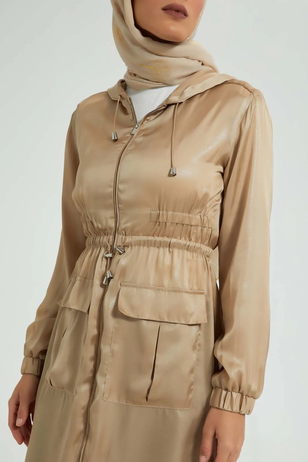 Beige Hooded Shimmery Long Line Jacket