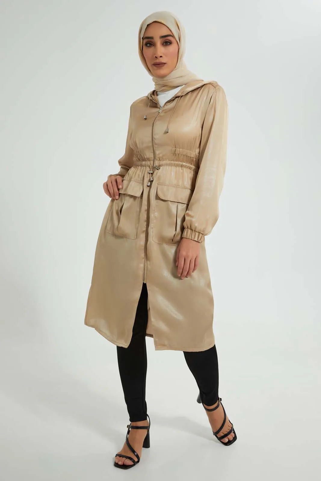 Beige Hooded Shimmery Long Line Jacket