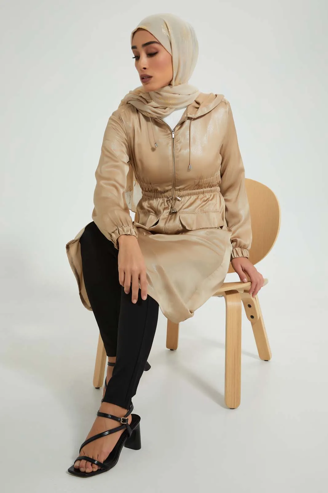 Beige Hooded Shimmery Long Line Jacket