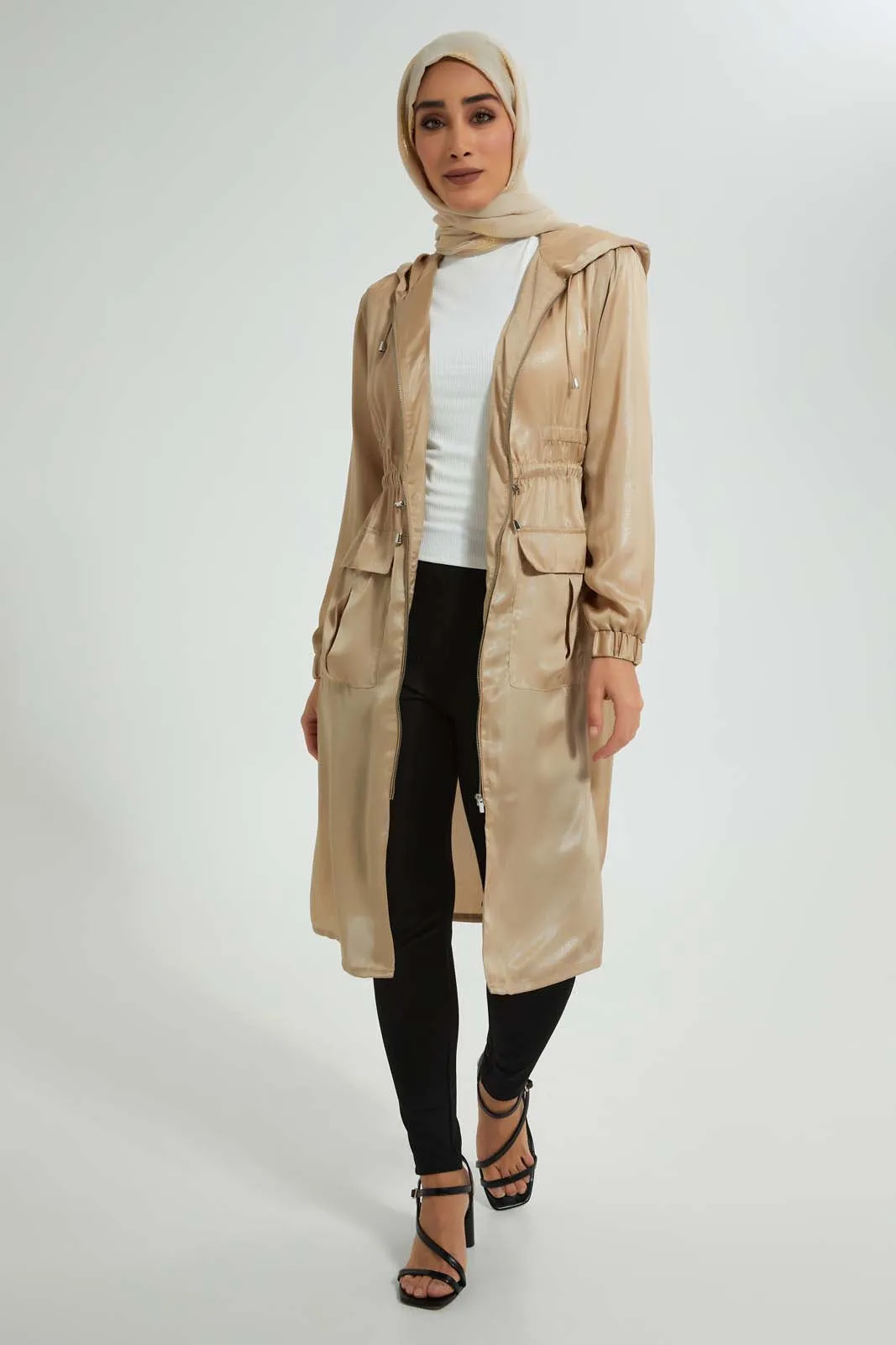 Beige Hooded Shimmery Long Line Jacket